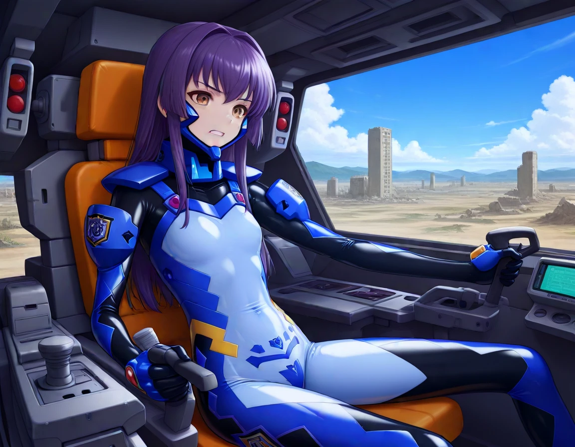 masterpiece, best_quality, very_aesthetic, highres, absurdres, ultra detailed,
, straight hair, purple hair, light beige eyes, flat chest ,
sitting, cockpit,
,by damao_yu,
Yoshitaka Amano,
<lora:neg_3-3_V02:0.4> , <lora:muv-luv_pilotsuit_IL:1> muv-luv pilot suit, bodysuit, pilot suit, science fiction ,cockpit, solo,
blue sky, cloudy sky, shoulder armor, , clenched teeth, buildings,ruins ,holding , mecha pilot suit, pilot chair,pilot helmet <lora:cockpit-pilot_IL:1> cockpit-pilot, cockpit,elbow gloves, seatbelt,