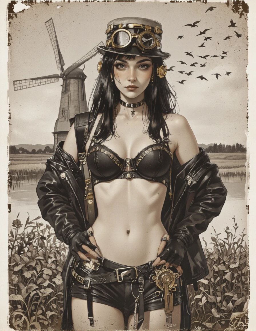 DarKata style. A vintage steampunk-inspired digital illustration from a portrait camera angle, featuring a young woman with pale skin and long black hair, wearing a black bra, a black leather jacket, and a black choker with a cross pendant. she stands confidently in the middle of the image, with her hands on her hips, looking directly at the viewer with a serious expression. the background features a windmill and a flock of birds flying in the sky, set against a sepia-toned, grungy backdrop. the woman appears to be in her mid-twenties, with a slim body and large breasts. her hair is styled in long hair, and she is wearing a steampunk hat, goggles, and gloves. the overall aesthetic is reminiscent of steampunk fashion, with intricate details and a vintage feel.