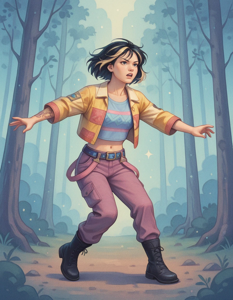 1girl, solo, boots, pants, navel, belt, black hair, midriff, jacket, shirt, arm tattoo, realistic, yellow jacket, short hair, multicolored hair, black footwear, vee boonyasak, dynamic pose <lora:Vee_Boonyasak_Dead_by_DaylightIIIustrious:0.8>, realistic, forest<lora:KawaiiMirai_IXL:0.8> k4w4iim1r41, , k4w4iim1r41, cute outfit, pastel,
