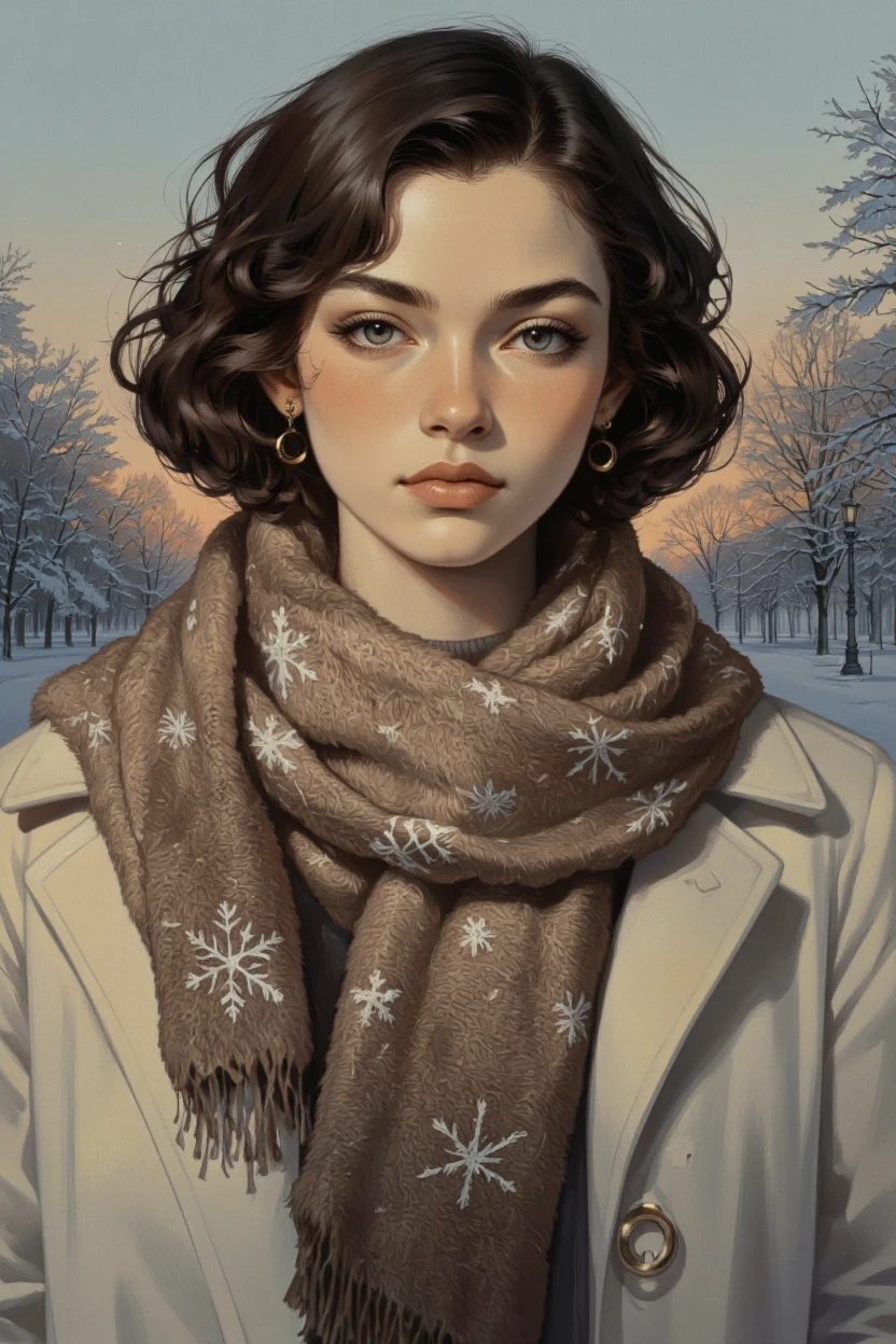 DarKata style. A realistic digital illustration shoot from a portrait camera angle about a portrait of a young woman in a winter setting, wearing a white coat with a fur trim and a scarf with snowflakes. the image also shows a snowy landscape with trees in the background during sunset. on the middle of the image, a 20 years old woman with light skin, brown hair styled in loose curls, and blue eyes, who appears to be looking directly at the viewer with a neutral expression. she is wearing a brown scarf with white snowflake patterns and gold hoop earrings. her coat is open, showing her upper body, and she is standing in a park with snow-covered trees and a lamppost in the distance. the lighting is soft and warm, creating a peaceful atmosphere.