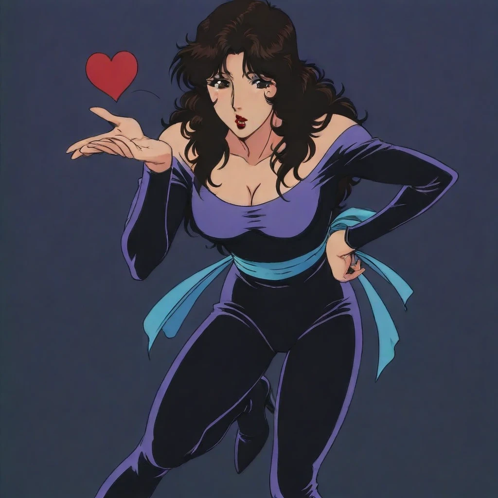 rui kisugi \(cat's eye\), dark brown hair, long hair, brown eyes, red lipstick, purple , sash, heels, cleavage, , 1girl, solo, leaning forward, blowing kiss, heart, anime screencap, simple background, masterpiece