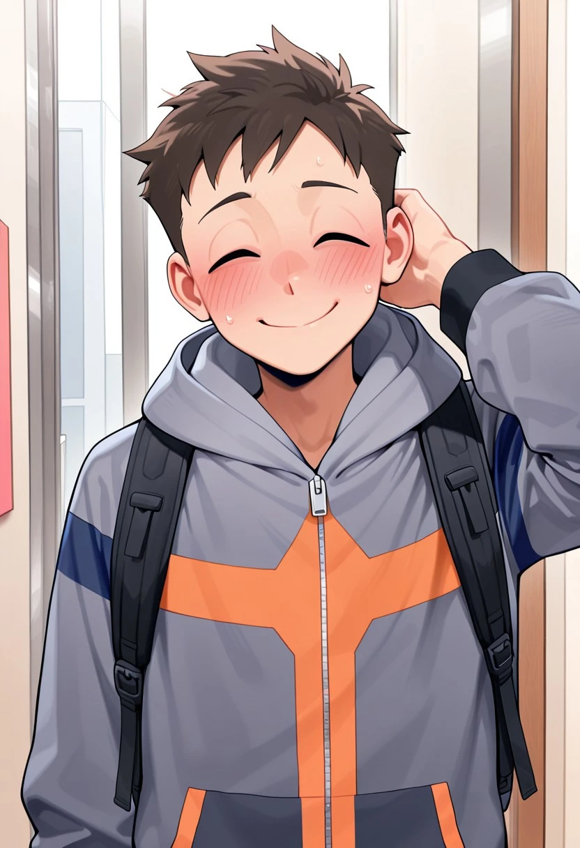 masterpiece, best quality, high quality, absurdres, 1boy, Solo, Male Focus, Koichi, Brown Hair, blast hoodie, grey hoodie, hand behind head, backpack, blushing, eyes closed, shy smile