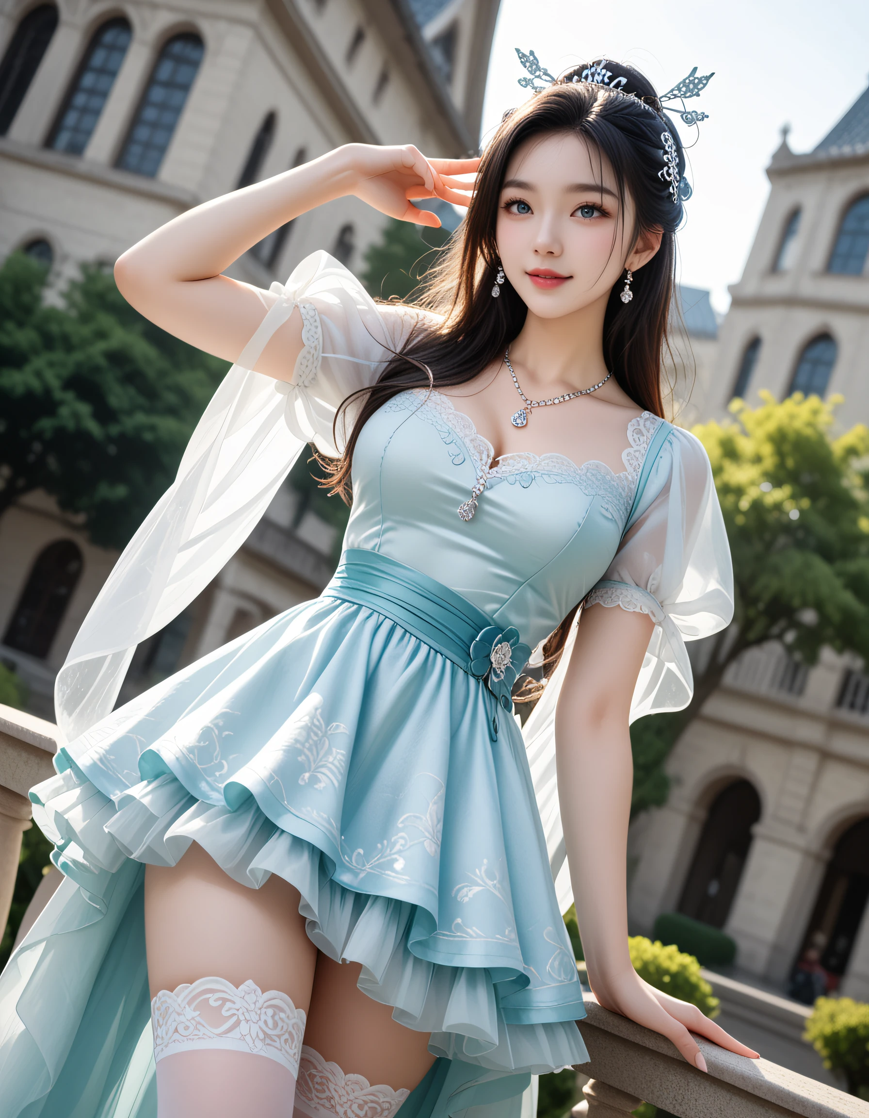 zPDXL3, safe_pos, score_9, score_8_up, source_realistic, source_anime,
8k, best quality, ultra high res, sharp focus,
masterpiece, expressive, digital art, cinematic,
intricate details, extremely detailed, Unreal Engine,
cinematic light, photo studio lighting,
dramatic angle, dynamic camera angle, unique perspective, unique angle, wide angle, dutch angle, foreshortening,
establishing shot, graceful stretching angle,
Diffuse lighting, (sfw:1.3),
Agfa APX 400, Ektar 100, Flash Photography,
larage breasts,
, ExpressiveH,
blurred eyes, innocent, lovely face,
big eyes, beautiful detailed eyes, very detailed eyes, detailed beautiful delicate face,
realistic humid skin, detailed skin,
sexy pose, sensual posture, graceful pose, curvy, scenery, perfect legs,
erotic posture, sexual intent, sensual, alluring, voluptuous,
dynamic pose, more detail,
blurry background,
1girl, , hanfu, seductive smile,
beautiful chrysanthemum girl with layered petal hair, golden centers, and autumn colors xianxia maiden, turquoise cyan dominant color dress, with aquamarine blue with tranquil sea depth and fragrant lavender purple secondary tones, batik wax-resist patterns with traditional motifs surface texture,
wearing elegant chinoiserie qipao with oriental scenes with beaded collar with sparkling details collar and floral cotton hanfu top with cloud motifs over cloud short half sleeves sleeves,
frilled flowing skirt with open slit with double hem with folded reinforcement and celestial crimson silk belt with tassels belt, translucent white thighhighs legwear, crystal blue cotton shoes footwear,
facial features: familiar comfort with hometown warmth expression, morning dew brows with fresh clarity eyebrows, brocaded subtle peach eyes with silken details eye makeup, dragon crystal glowing lotus mark with ornamented details forehead markings,
hair styling: arcane side braid with silk ribbon and silver pin arrangement with celestial sparkle hairstyles,
accessories: immortal simple wooden hairpin hair ornaments, immortal jade pendant necklace with phoenix details jewelry, glorious silk veil covering face and lock of safety pendant with protective meaning additional accessories,
pose: Leaning against a wrought-iron gate in a blooming garden, she embodies the allure of a secret paradise and promise breaking with trust violation in assassin's rooftop with urban shadows environment with brocaded hidden cave with glowing crystals background,
atmosphere: tiger strength prowling forest seasonal elements, monochromatic lighting with single hue lighting effects