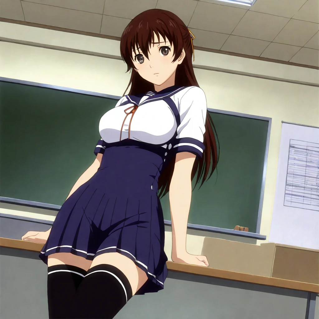 masterpiece,high score,great score,absurdres,looking at viewer,solo,<lora:AmiUehara hassakuill30:1> amiuehara, brown hair, long hair, hair ribbon, brown eyes,serafuku,underbust,thighhighs,