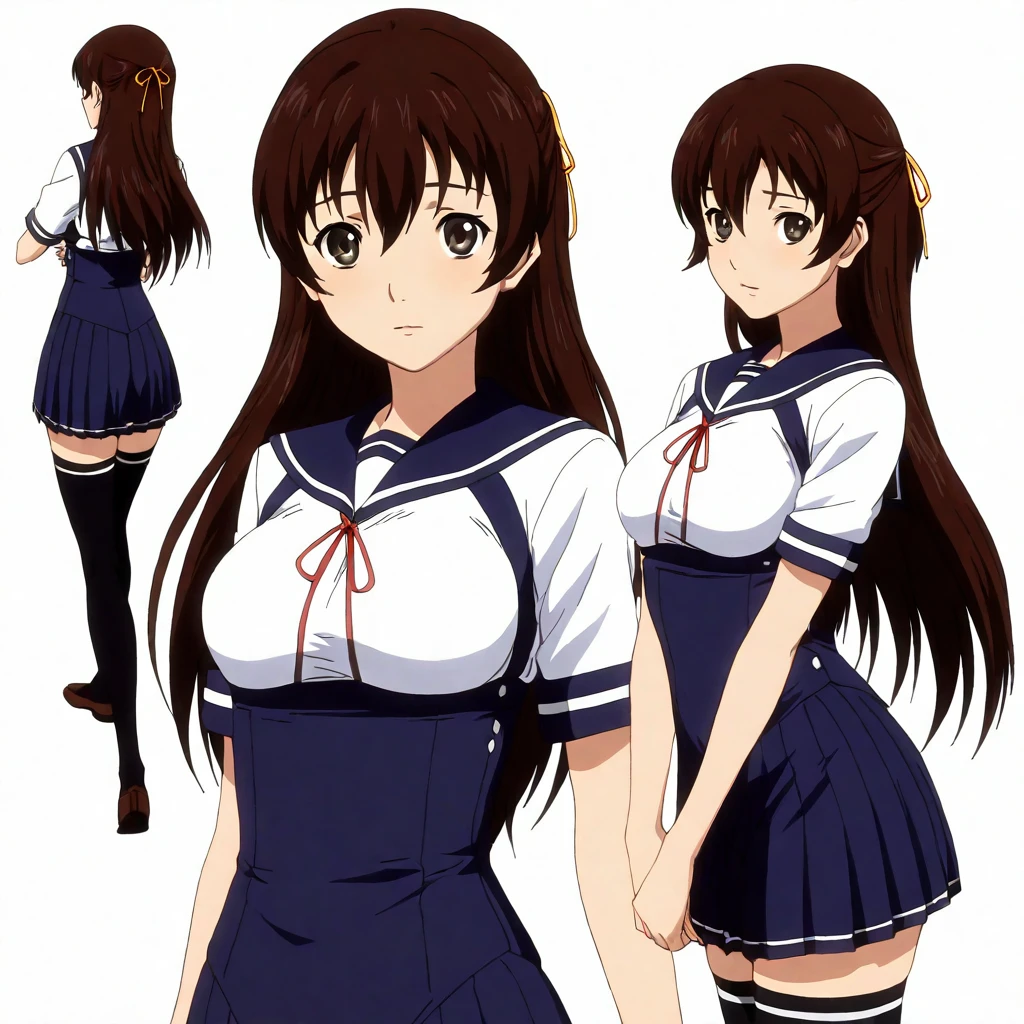 masterpiece,high score,great score,absurdres,looking at viewer,solo,<lora:character_Sheet_XL:0.5> character sheet, multiple views, white background,<lora:AmiUehara hassakuill30:1> amiuehara, brown hair, long hair, hair ribbon, brown eyes,serafuku,underbust,thighhighs,