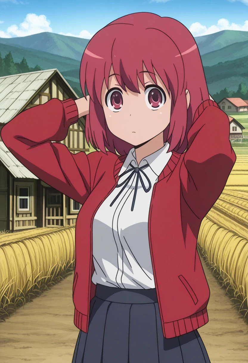 masterpiece, best quality, amazing quality,, <lora:minori-kushieda-s1-illustriousxl-lora-nochekaiser:1>, minori kushieda, short hair, red eyes, red hair, mature female, medium breasts, anime screencap, jacket, red jacket, long sleeves, shirt, white shirt, collared shirt, ribbon, skirt, pleated skirt,, hands behind head,, rural, fields, houses, countryside, quiet, cowboy shot, solo, looking at viewer,