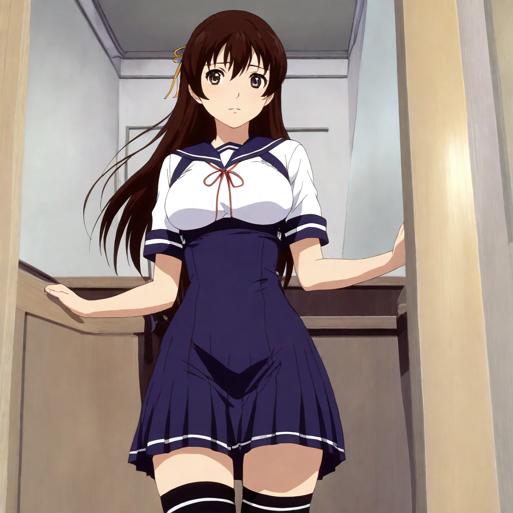 masterpiece,high score,great score,absurdres,looking at viewer,solo,<lora:AmiUehara hassakuill30:1> amiuehara, brown hair, long hair, hair ribbon, brown eyes,serafuku,underbust,thighhighs,