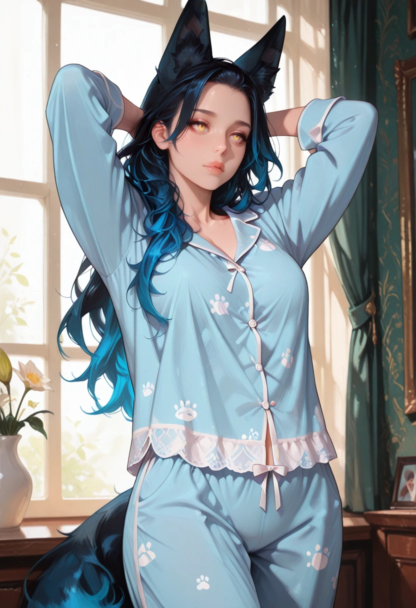 very awa, masterpiece, best quality, absurdres, newest, perfect quality, detailed background, intricate details
<lora:ILOCWlfGrlBBl:1>
OCWlfGrlBBl, 1girl, long hair, black hair, blue hair, gradient hair, animal ears, yellow eyes, fox girl, standing in front of a window, dynamic pose, pajamas, slicked-back hair, arms behind head