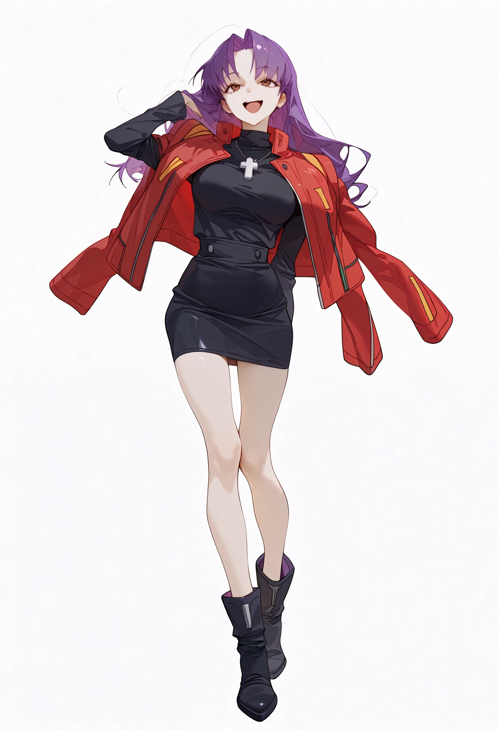 <lora:sagawa2-illustriousXL_v01_V6-CAME-000035>, 1girl, katsuragi misato, solo, long sleeves, black skirt, standing, pencil skirt, parted bangs, boots, jacket, skirt, miniskirt, red jacket, hand in own hair, jacket on shoulders, long legs, black footwear, cross, shirt, necklace, smile, , brown eyes, :d, full body, white background, black shirt, purple hair, cross necklace, open jacket, ankle boots, looking at viewer, dress shirt, jewelry,