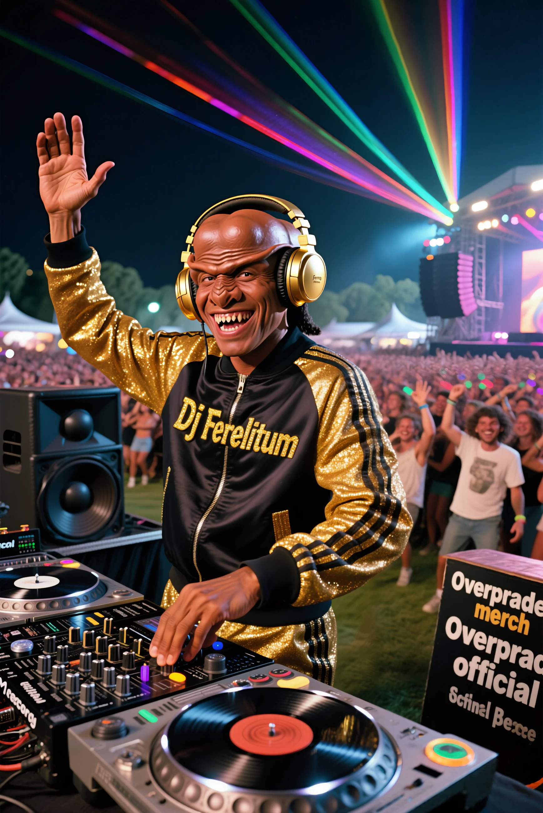 A Ferengi wearing a flashy tracksuit and oversized gold headphones bops his head to the beat as he stands behind the turntables at a packed music festival. His wide grin flashes as he adjusts the sliders and scratches the records, sending the crowd of dancing humans into a frenzy. Behind him, massive speakers throb with the deep bass of the music, and colorful laser lights streak across the night sky, illuminating the field of festival-goers below. His large ears twitch to the rhythm, picking up the energy of the crowd, while his fingers fly over the equipment with surprising skill. On his jacket, the name "DJ Ferelatinum" is embroidered in glittering gold thread, and nearby, a stand sells his overpriced "official merch" to eager fans. The air is electric with the pulse of the music, and the Ferengi canât help but chuckle as he calculates the nightâs profits from ticket sales, drinks, and exclusive backstage passes. As the beat drops, he throws his hands up in the air, hyping up the crowd even more, his eyes gleaming with the knowledge that heâs not just spinning tracksâheâs spinning profits.