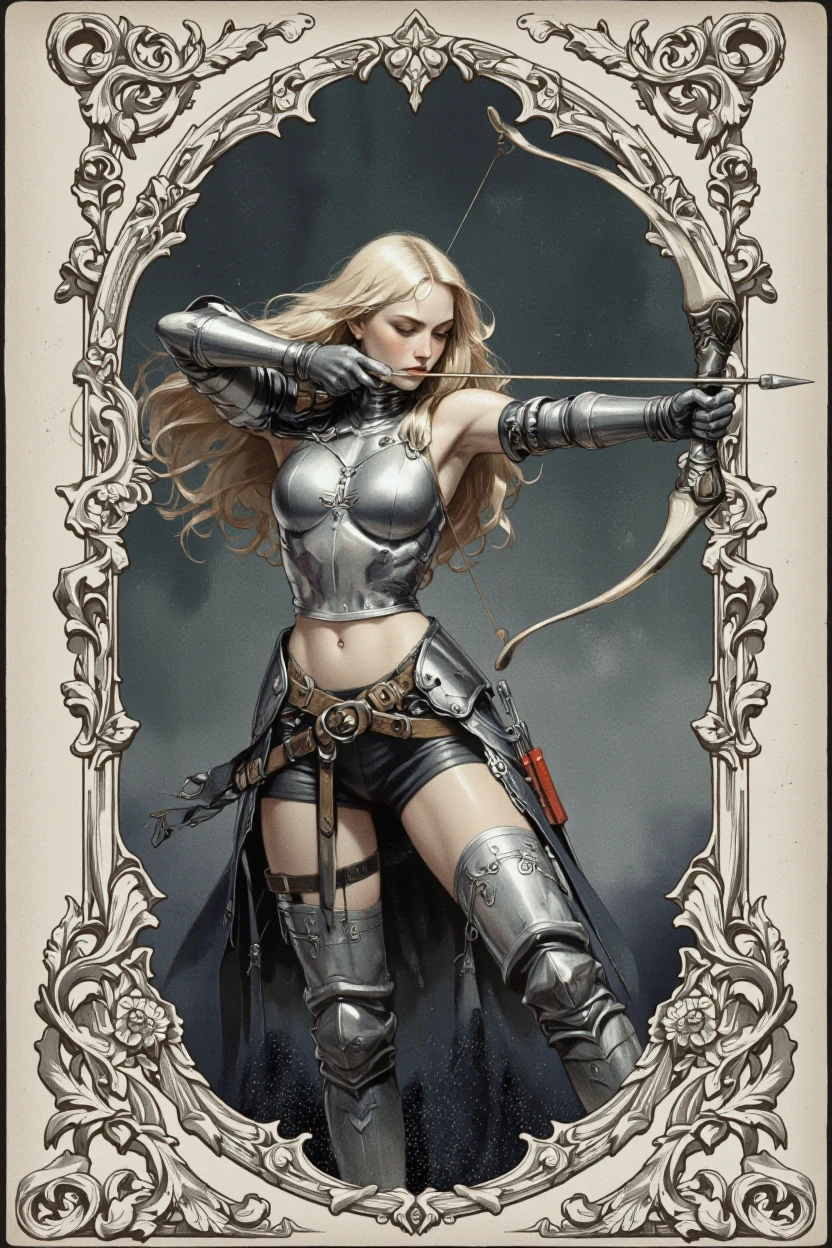 DarKata style. A digital illustration shoot from a profile angle about a female archer in a dramatic pose, aiming with a bow and arrow, set in an ornate frame with a dark, gloomy background. the image also shows intricate details and a vintage feel. on the middle of the image, a young woman with long, flowing blonde hair appears to be in her mid-twenties, wearing a silver armor with intricate designs and thigh-high boots. she has a serious expression on her face, with her eyes closed and her mouth slightly open. her body is slim, with medium-sized breasts, and she is standing with her full body visible. she is holding a large, ornate bow in her right hand and a longbow in her left hand, aiming at the target with her bow. her outfit is completed with a pair of shorts and a belt around her waist. the frame around her is ornate and detailed, with a decorative border around the edges.