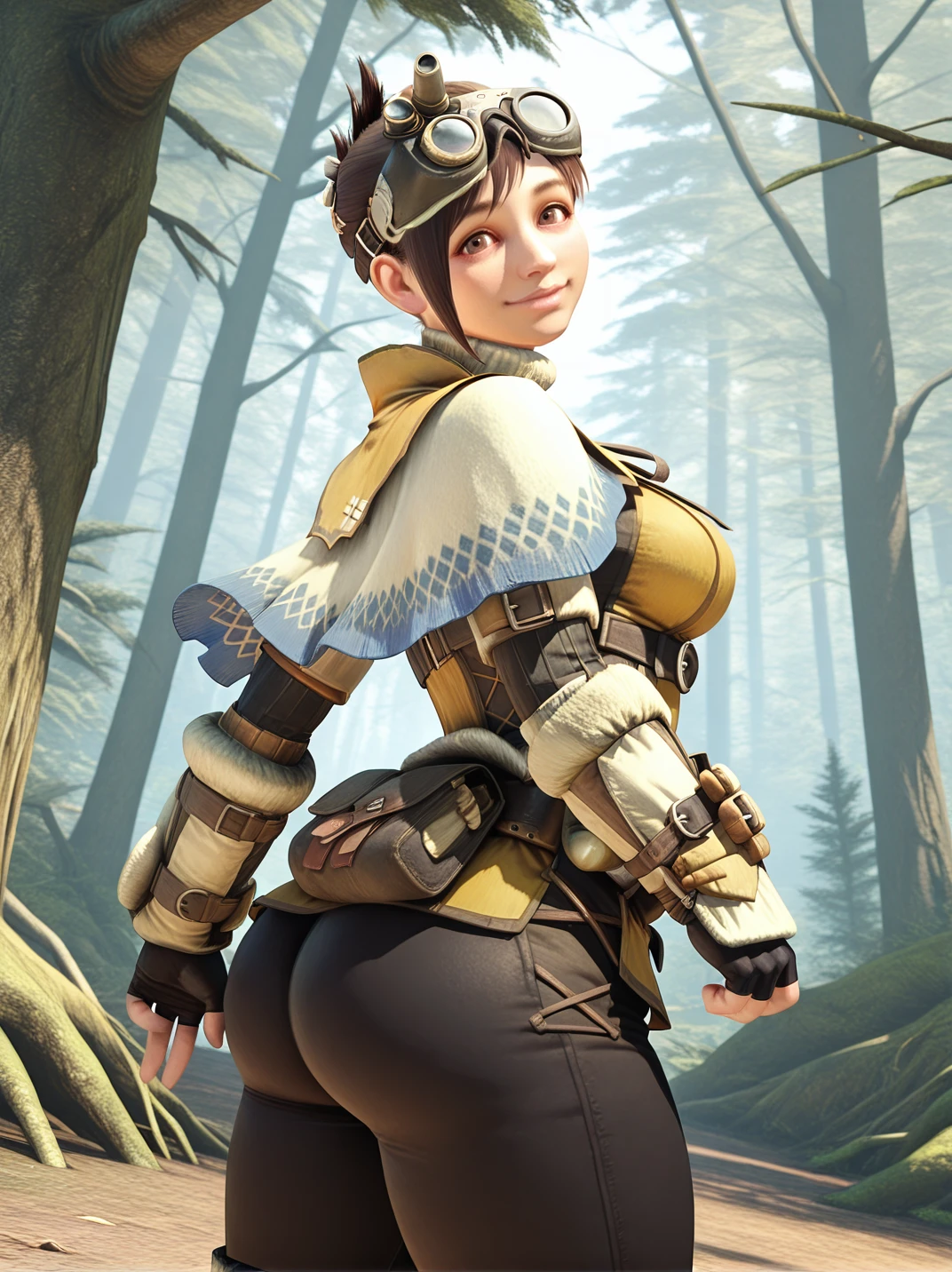 (official style, highres:1.2), realistic, screencap,
1girl, (TheHandlerXL:1), (goggles on head, short hair, brown hair, turtleneck, yellow tunic, capelet, fingerless gloves, brown eyes, arm guards, black pants, belt, belt pouch, :1.2),, narrow waist, wide hips, large breasts, thick thighs,
light smile, dutch angle, naughty pose, looking at viewer, solo, dynamic pose, cowboy shot, head tilt, sexually suggestive, outdoors, forest, head tilt,, from behind, big ass, round ass, head tilt, from side, hands at side, one hand on hips,
<lora:ATheHandler_character:1>