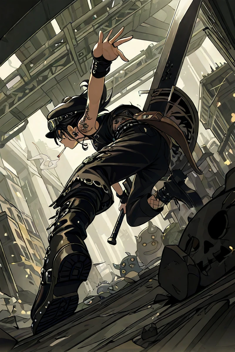 <lora:å¨æå§¿å¿1>,dynamic_pose,(perspective:1.3),dutch angle,exaggerated perspective,foreshortening,
masterpiece,best quality,good quality,newest,very awa,
1girl,hat,goggles,Buster Sword R5,tattoo,goth,side view,smoking,star earrings,