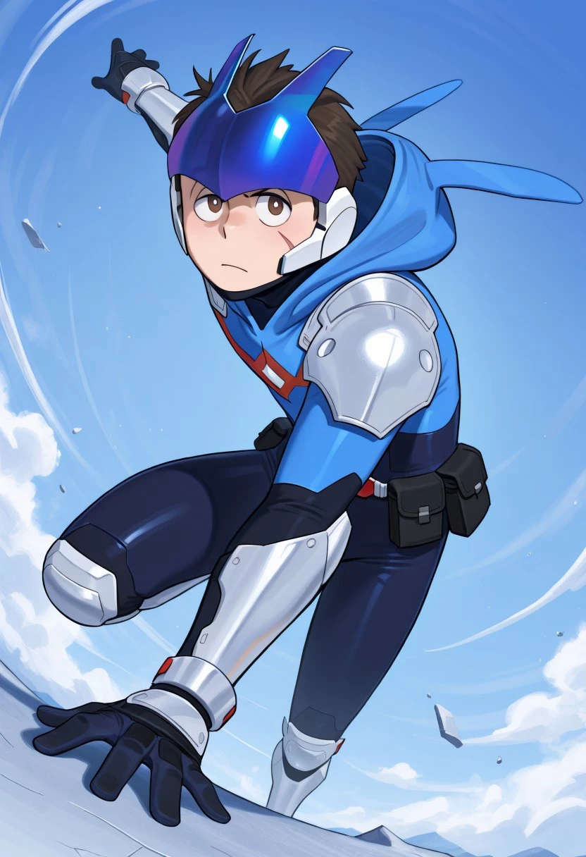 masterpiece, best quality, high quality, absurdres, 1boy, Solo, Male Focus, Koichi, Brown Hair, Brown Eyes, scar on cheek, Skycrawler Costume, multi toned bodysuit, blue bodysuit, black bodysuit, white bodysuit, blue visor, hood, silver armor, silver shoulder pads, Gloves, silver bracers, utility belt, silver kneepads, dynamic pose, action pose