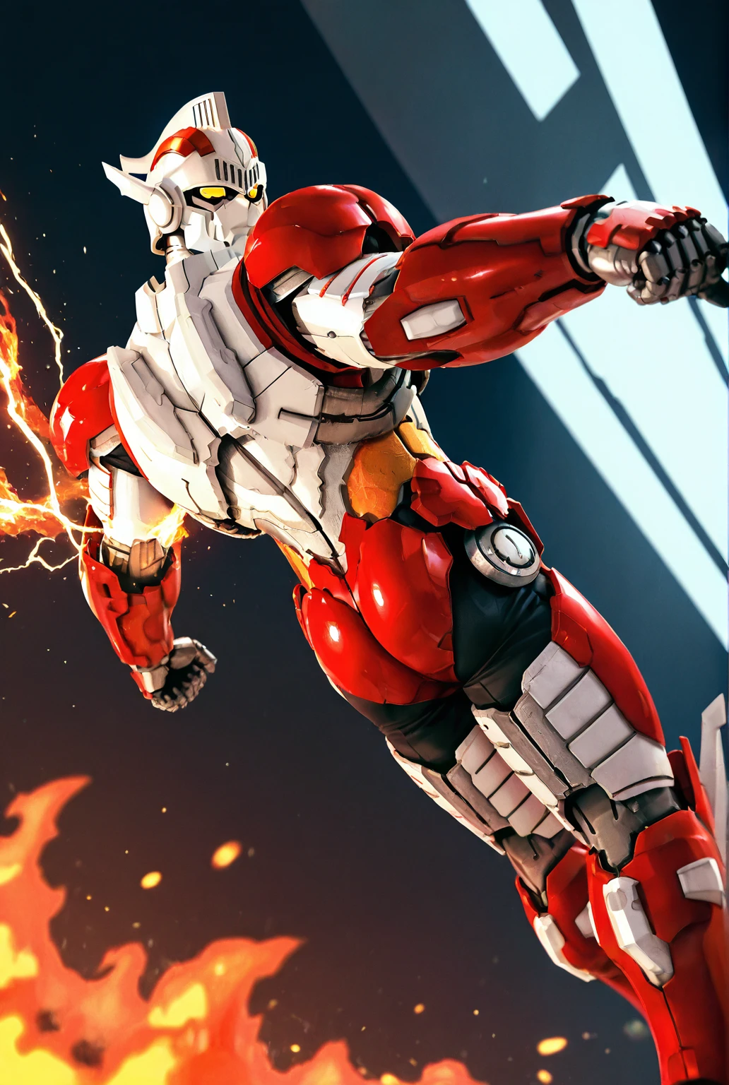 very awe,aesthetically pleasing,masterpiece,best quality,amazing quality,very aesthetic,ultra-detailed,high resolution,8k,1boy,solo,male focus,detailed face,mecha,robot,science fiction,yellow eyes,super robot,dynamic pose,perspective,steam, , ass,depth of field,fire,electricity,<lora:add-detail-xl:1>,<lora:Jean-Bot:0.7>,jeanb0t,<lora:jiaocha_illustriousXL:0.5>,