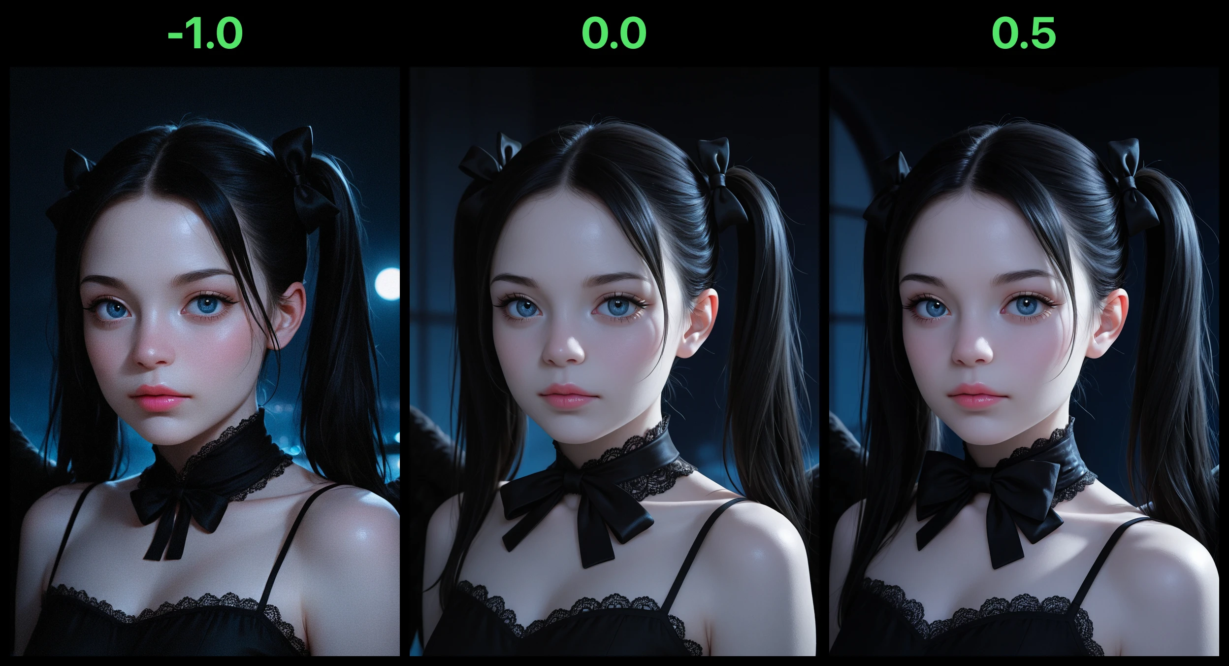 masterpiece, best quality, amazing quality, 1girl, noise, film grain, black hair, black dress, portrait, blue eyes, pale skin, two ponytails with black bows, looking at viewer, closed mouth, long eyelashes, side view, moonlight, partially illuminated, pink lipstick, black wings, realistic, photorealistic, cinematic, depth of field, blurry, perfect eyes