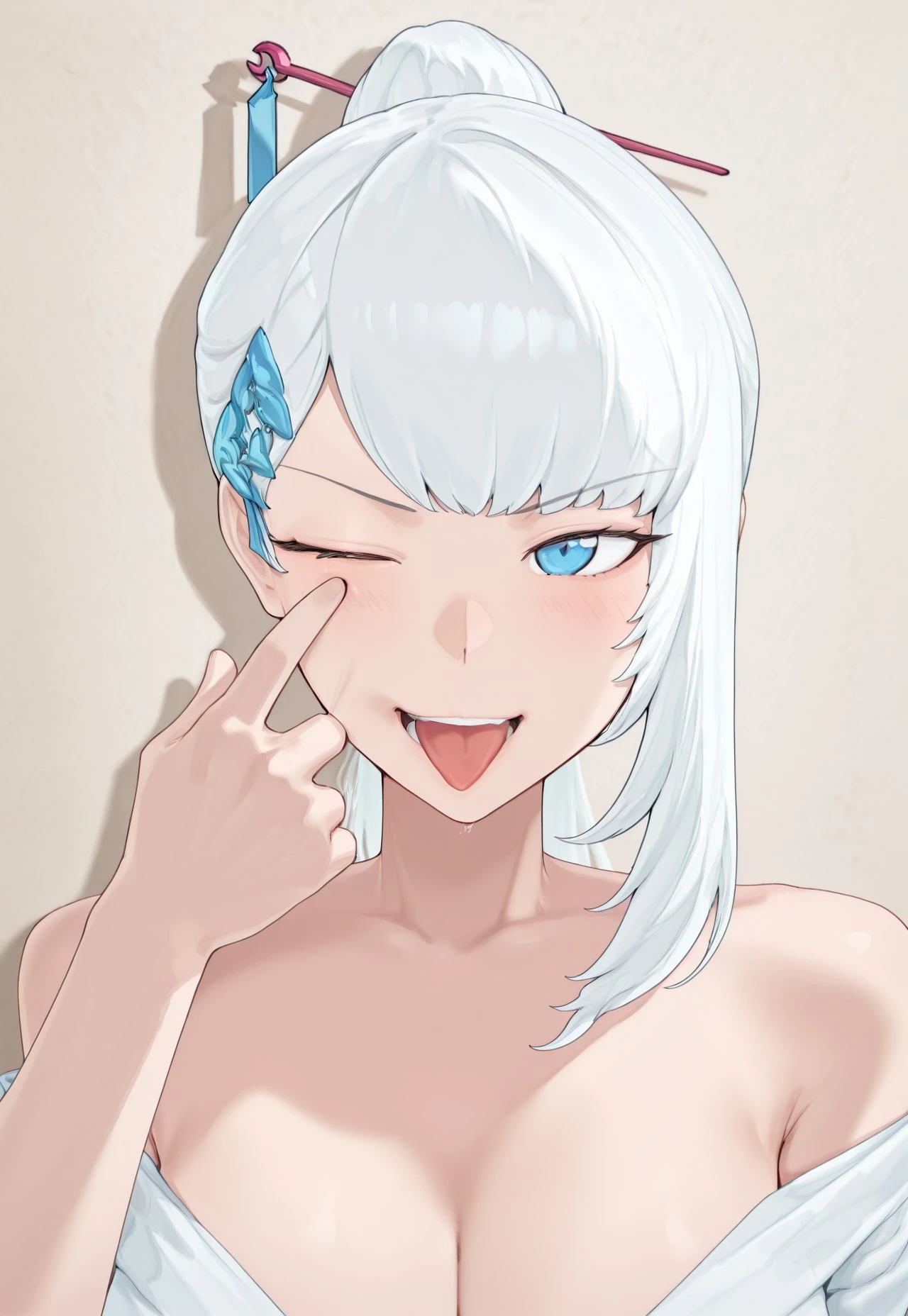 masterpiece, very aesthetic, absurdres, sinfully stylish, dramatic lighting, IllusP0s, soft light, long shadows, detailed, ultra-detailed, masterpiece, very aesthetic, absurdres, perfect quality, absolutely eye-catching, best quality, intricate details, high-res,anime, Sisa_Artstyle,1girl, blue eyes, hair ornament, white hair, cleavage, hair stick, bare shoulder, bangs, long hair, <lora:airashiratori-akanbe-illustriousxl-lora-nochekaiser:1>, airashiratori akanbe, solo, looking at viewer, blush, smile, open mouth, upper body, teeth, one eye closed, tongue, tongue out, portrait, eyelid pull, hand up, straight-on, akanbe, finger to eye,