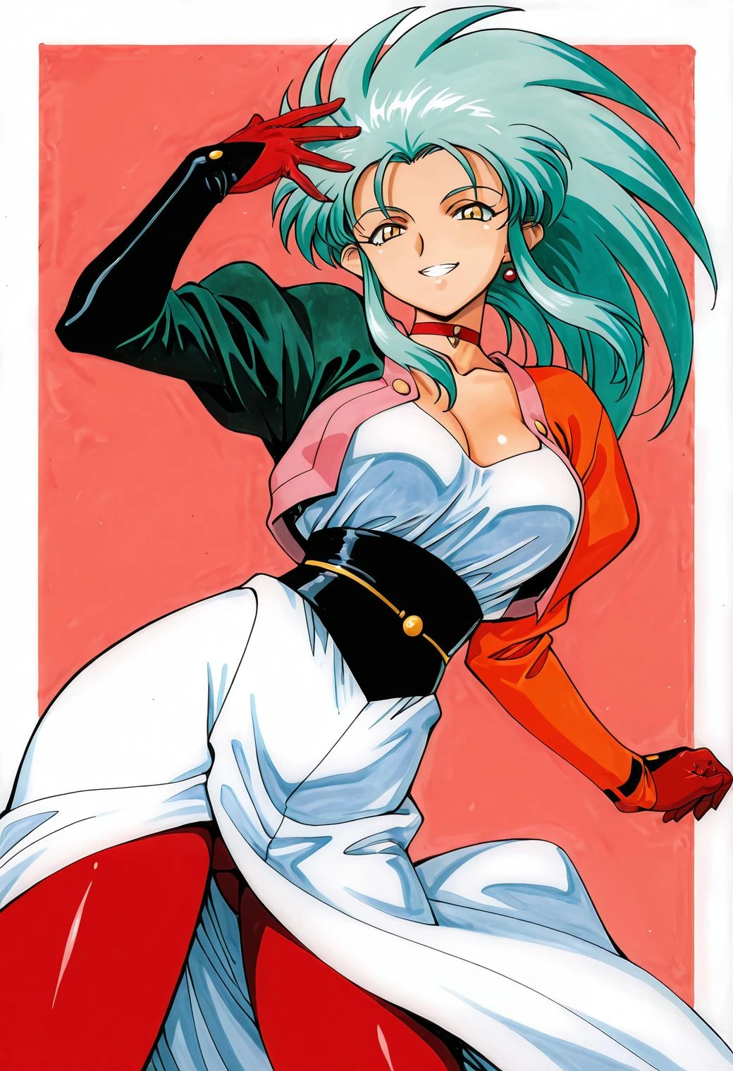 masterpiece, best quality, amazing quality, highres, absurdres, ultra-detailed, b0x, 1girl, solo, ryouko \(tenchi muyou!\), mismatched sleeves, open jacket, white dress, red legwear, black sash, red gloves, red choker, grin, border background, smile, looking at viewer, dynamic angle, dynamic pose, traditional media