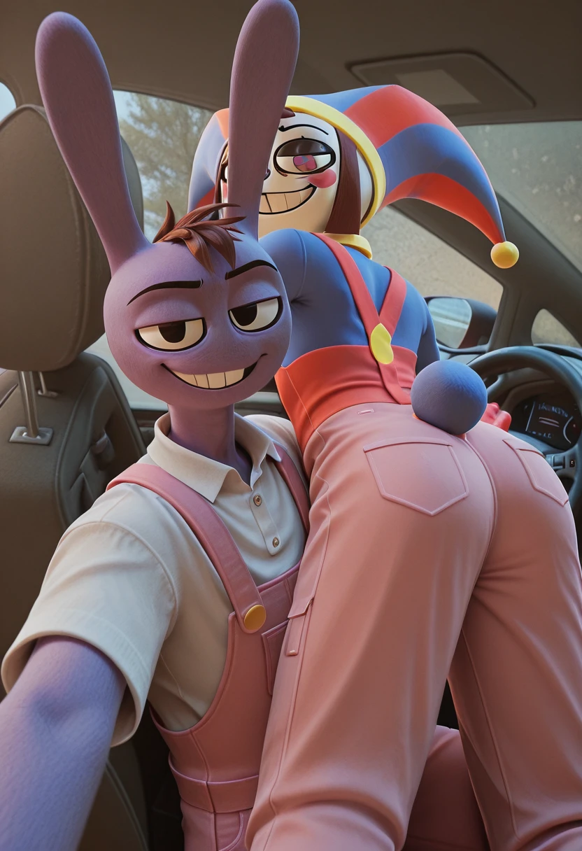 <lora:the_amazing_digital_circus-il>, tadc_jax, bunny, purple fur, pink overalls, black eyes, tadc_pomni, pale white skin, brown hair, casual shirt, pants, duo, looking at viewer, car interior, steering wheel, side view mirror, car seat, BREAK, smiling, playful pose, sunlight, soft shadows, mikus-concept, looking at viewer, ass, duo, selfie, car interior, steering wheel, side-view mirror, car seat, <lora:order-il>