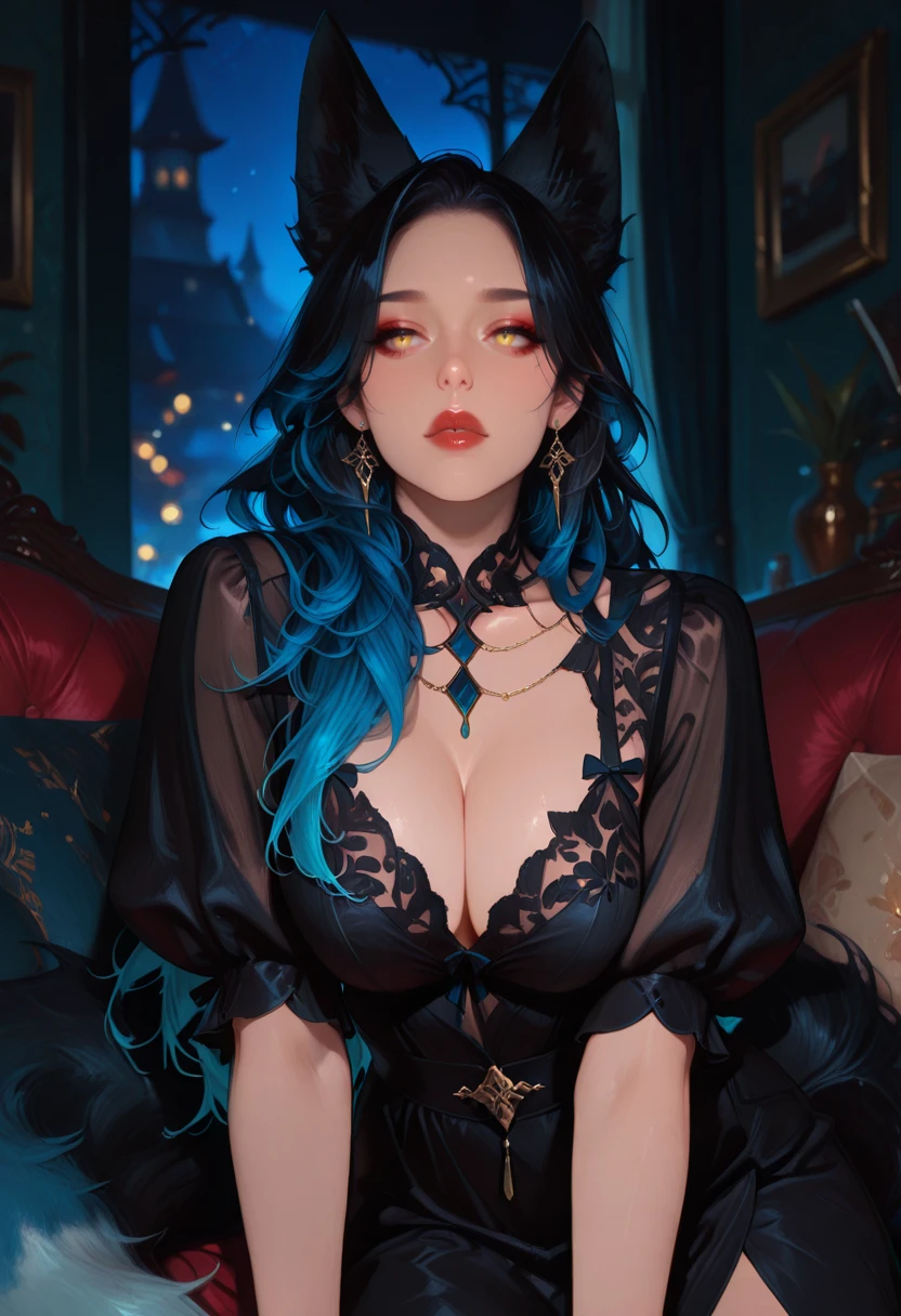 very awa, masterpiece, best quality, absurdres, newest, perfect quality, detailed background, intricate details
<lora:ILOCWlfGrlBBl:1>
OCWlfGrlBBl, 1girl, long hair, black hair, blue hair, gradient hair, animal ears, yellow eyes, fox girl, jewelry, earrings, bracelet, red lips,sitting, night, black dress, blurry background, puffy sleeves