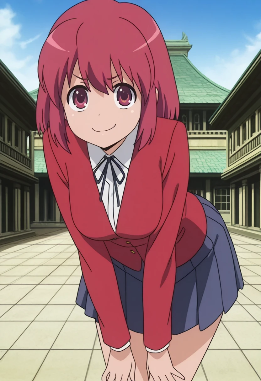 masterpiece, best quality, amazing quality,, <lora:minori-kushieda-s1-illustriousxl-lora-nochekaiser:1>, minori kushieda, short hair, red eyes, red hair, mature female, medium breasts, anime screencap, jacket, red jacket, long sleeves, shirt, white shirt, collared shirt, ribbon, skirt, pleated skirt,, bent over, smug,, Man-made, architecture, structures, civilization, urban, cowboy shot, solo, looking at viewer,