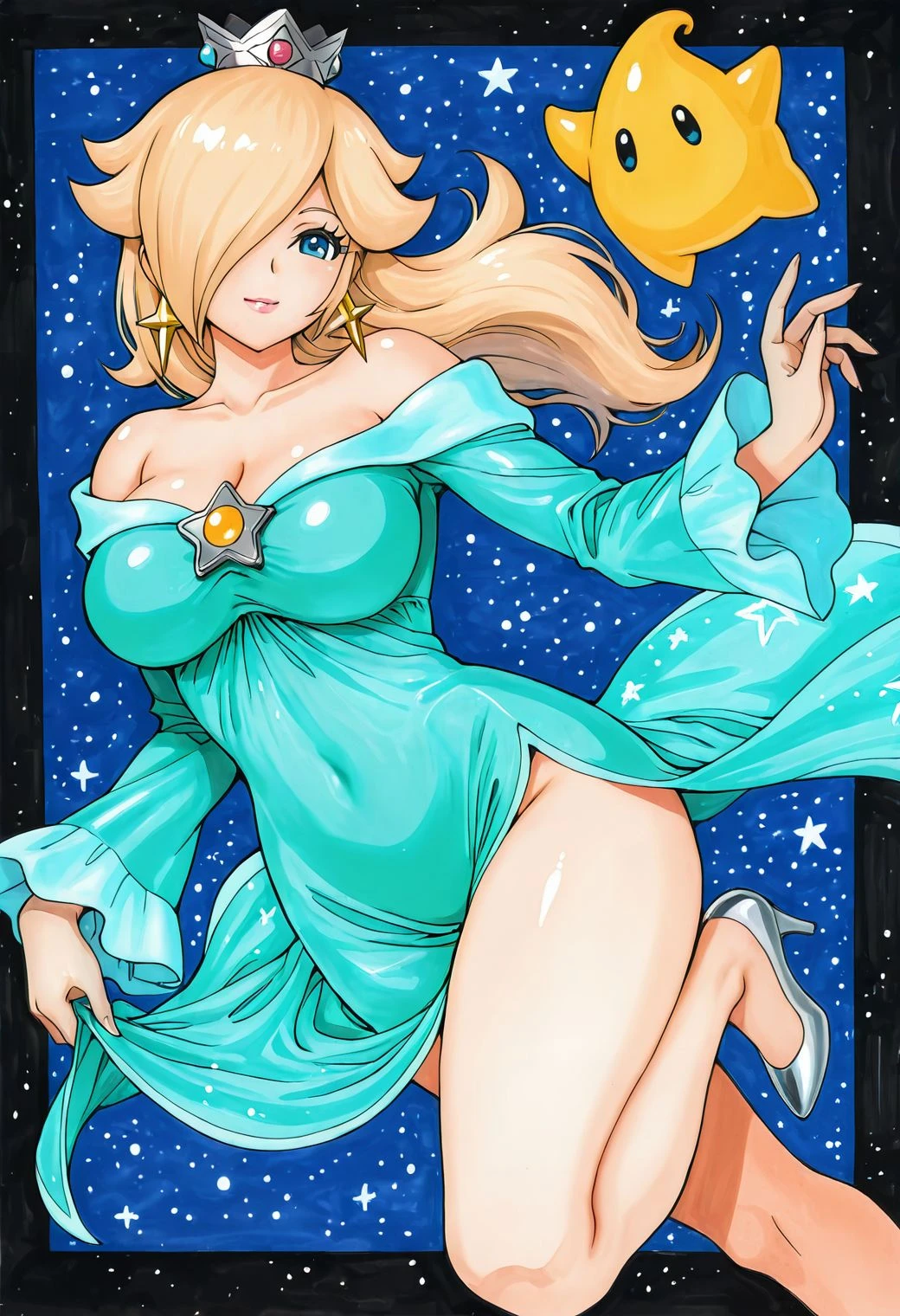 masterpiece, best quality, amazing quality, highres, absurdres, ultra-detailed, b0x, 1girl, solo, rosalina, blonde hair, long hair, hair over one eye, blue eyes, pink lips, crown, earrings, cleavage,  shoulders, aqua long sleeved dress, side slit, high heels, luma, wind, border background, smile, looking at viewer, dynamic angle, dynamic pose, traditional media