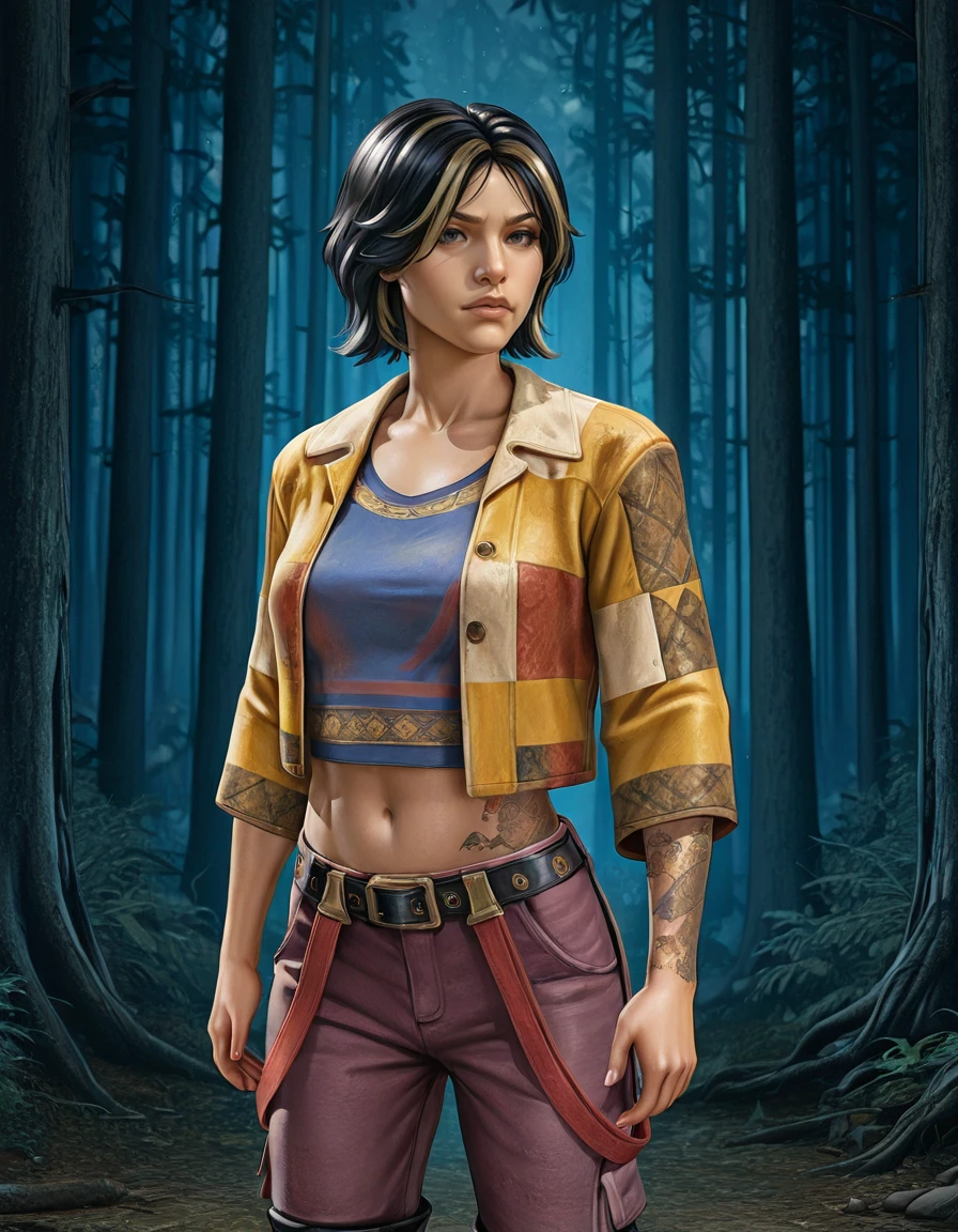 1girl, asian, solo, boots, pants, navel, belt, black hair, midriff, jacket, shirt, arm tattoo, stomach tattoo,  realistic, yellow jacket, short hair, multicolored hair, black footwear, vee boonyasak,  <lora:Vee_Boonyasak_Dead_by_DaylightIIIustrious:0.8>, realistic, forest <lora:Dandonfuga style:0.8> dandonfuga_style, upper body