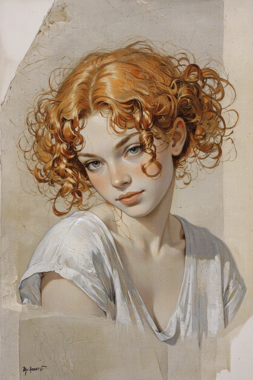 DarKata style. A portrait of a woman with curly red hair, drawn in a realistic style with a focus on texture and shading, captured from a portrait camera angle. the subject is a young woman, positioned in the middle of the image, with her head tilted slightly to the side and her eyes looking directly at the viewer. her hair is styled in loose curls and cascades down her back, framing her face. her expression is serene and contemplative, with a slight smile on her lips. she appears to be wearing a white, loose-fitting top that accentuates her delicate features. the background is composed of various shades of beige and light-colored paper with a rough texture, creating a sense of depth and dimensionality. the image has a soft, muted color palette, with subtle lines and contours that give it a dreamy, ethereal quality. the artist's signature is visible in the bottom right corner, adding a touch of elegance to the overall composition.
