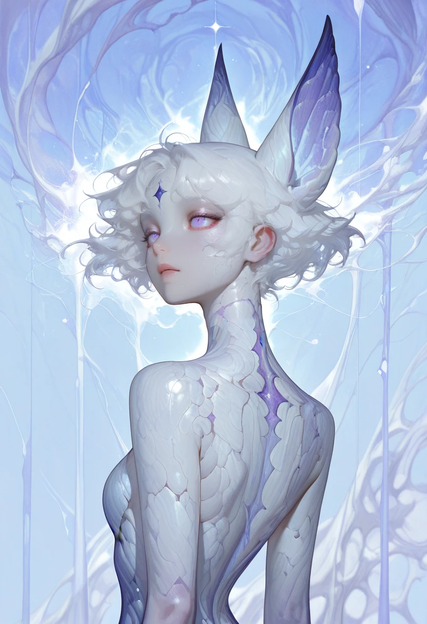 very awa, masterpiece, best quality, absurdres, newest, perfect quality, detailed background, intricate details
<lora:ILOCAlCt:1>
OCAlCt, 1girl, short hair, white hair, colored skin, animal ears, alien, purple eyes, facial mark, avant-garde dress, surreal dreamscape, floating in air, abstract background, artistic photography, hyperrealism, from behind