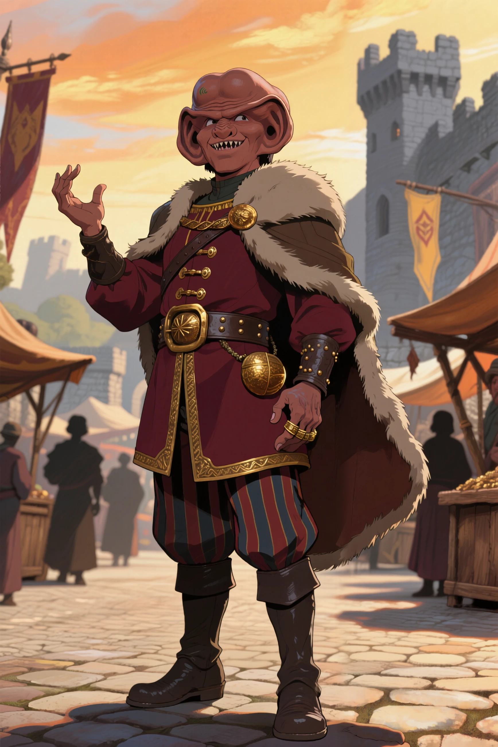 A high-quality anime-style illustration with vibrant, painterly coloring, depicting a Ferengi character strangely out of place in medieval times. The image is composed from a three-quarter low-angle perspective (camera slightly below chest height, tilted upward at about 20â25 degrees), giving the Ferengi a dominating and slightly imposing presence while also capturing the medieval environment behind him. This angle emphasizes his large head, distinctive ridged ears, and expressive face, making him the clear focal point.
The Ferengi stands in the cobblestone courtyard of a bustling medieval market square. Around him are blurred silhouettes of townsfolk, wooden merchant stalls, and banners fluttering in the wind â but the background is deliberately less detailed, with a slight depth-of-field blur to keep attention on the character. Above, fragments of a gray stone castle wall rise, while the sky is painted with warm sunset tones of gold and orange, casting soft shadows across the scene.
The Ferengi himself is rendered with modern anime coloring and linework â clean outlines, strong color contrasts, and expressive facial exaggeration. He wears a hybrid outfit that fuses Ferengi extravagance with medieval garb: a richly colored doublet of deep burgundy and gold trim, layered with a fur-lined mantle draped across one shoulder, his wide leather belt studded with ornate brass buckles. His trousers are puffed and striped, tucked into tall boots that look slightly too polished for the time period. Every part of his clothing suggests wealth and opportunism, decorated with small pouches of coins, a few visible golden rings, and even a strange anachronistic trinket or two (like a gleaming orb or gem from "another world").
His expression is mischievous and cunning, with sharp teeth bared in a greedy grin, and one eyebrow raised in scheming amusement. His oversized ears are drawn with anime-style shading, catching the golden light and adding warmth to the palette. His large Ferengi hands clutch a small medieval-style chest overflowing with gold coins, which he tilts slightly forward as if offering or showing off, while his other hand gestures outward toward the viewer, as though trying to strike a shady deal.
The background coloring leans into warm golden hues mixed with rustic earth tones, contrasting with the Ferengiâs brighter, richer wardrobe. The low-angle perspective ensures his figure dominates the frame, with lines of the medieval square and castle walls leading the eye back toward him, enhancing the sense of his opportunistic dominance in this strange medieval setting.
The overall tone is both playful and unsettling â an out-of-time alien merchant thriving in the wrong era, painted in an elegant, modern anime style with great detail and dynamic composition.
