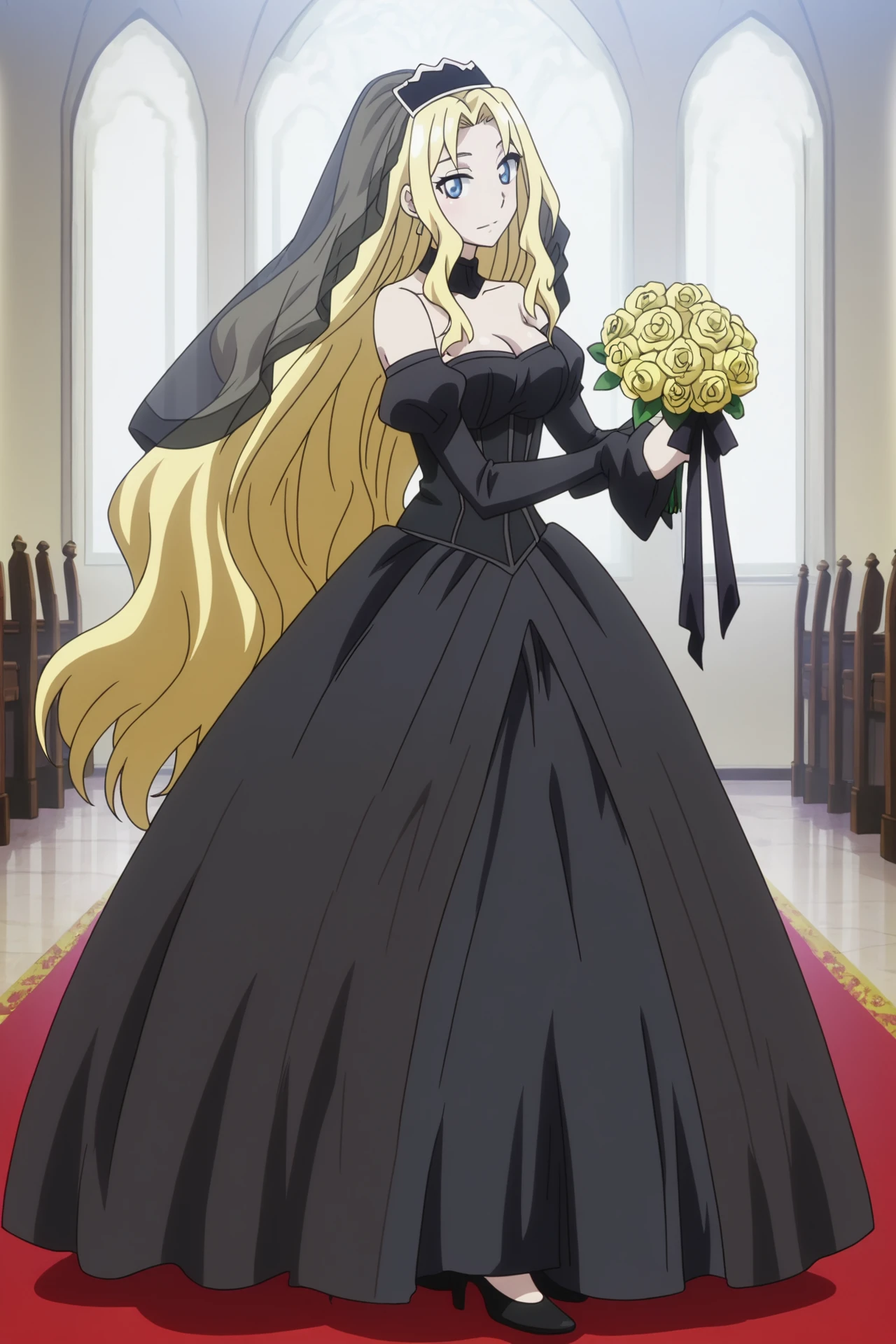 masterpiece, best quality, looking at viewers, church,
<lora:Marrine_Kreische_WeddingDress:1> Marrine_Kreische_WeddingDress, 1girl, solo, long hair, blue eyes, blonde hair, dress, cleavage, jewelry, bare shoulders, very long hair, flower, black dress, rose, veil, strapless dress, bouquet, wedding dress, bridal veil, bride, yellow flower, black strap heels,, <lora:anime_screencap:1> anime screencap, anime coloring, 2d, anime style