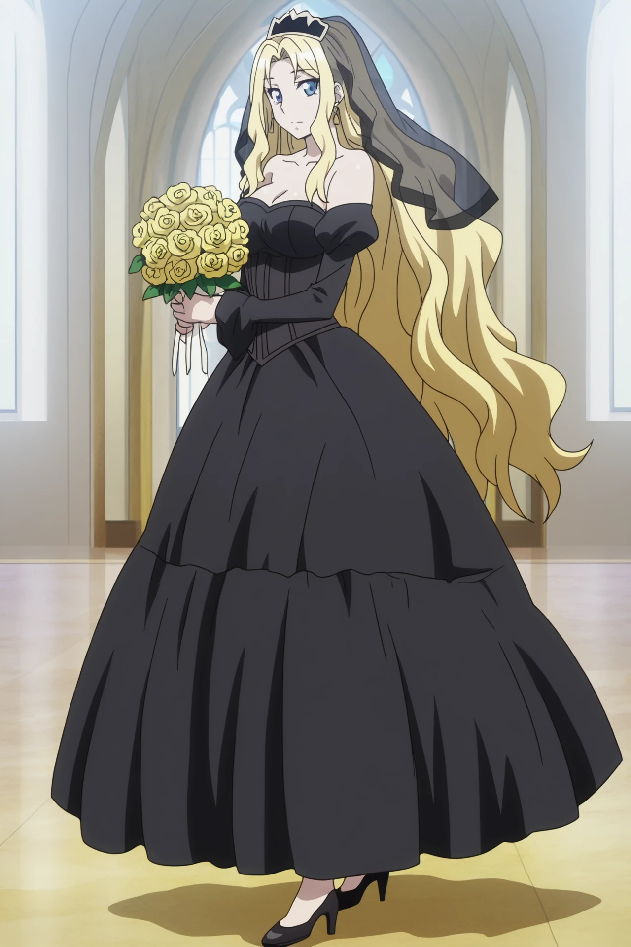 masterpiece, best quality, looking at viewers, church, 
 <lora:Marrine_Kreische_WeddingDress:1> Marrine_Kreische_WeddingDress, 1girl, solo, long hair, blue eyes, blonde hair, dress, cleavage, jewelry, earrings, bare shoulders, very long hair, flower, black dress, rose, veil, strapless dress, bouquet, wedding dress, bridal veil, bride, yellow flower, black strap heels, lookingback,, <lora:anime_screencap:1> anime screencap, anime coloring, 2d, anime style