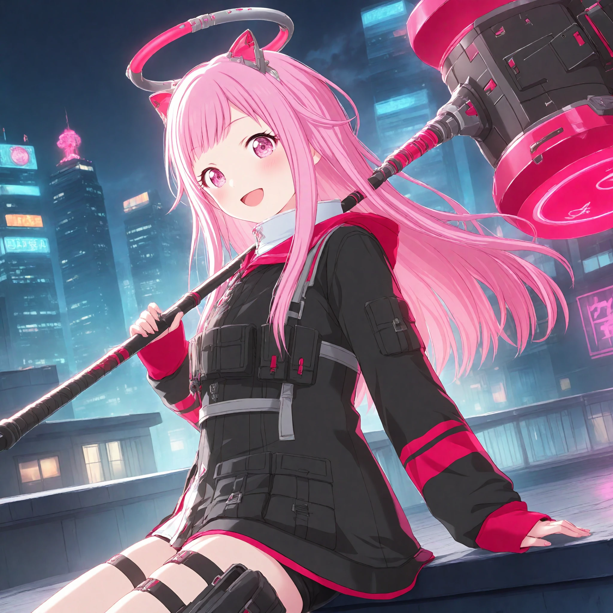 1girl, (ootori emu:0.2), project sekai, solo focus, from side,
agl, pink hair, long hair, pink eyes, :D,
looking at viewer, dutch angle, sitting, cowboy shot, shoulder hammer, leaning on hammer,
holding hammer, sci fi hammer,( huge hammer:1.2), long hammer,
mechanical halo, mechanical ears, long sleeves, thigh strap, tactical clothes, pouch, thigh holster, headgear, black coat, thigh pouch, sleeves past wrists, zipper, multicolored clothes, black short shorts, white under shirt, red line,
rooftop of the buildings, dark, midnight, depth of field, cyberpunk city, skyscraper, neon light,
nijistyle, jwst, masterpiece, amazing quality, very aesthetic,
<lora:hand 5.5:1>, <lora:ObIL-style-nijistyle02:0.6>, <lora:ObIL-style-JWST02:0.2>,
<lora:ObIL-ws-CyberEm01:0.7> <lora:Hammer_Fantasysci_fi:0.6)