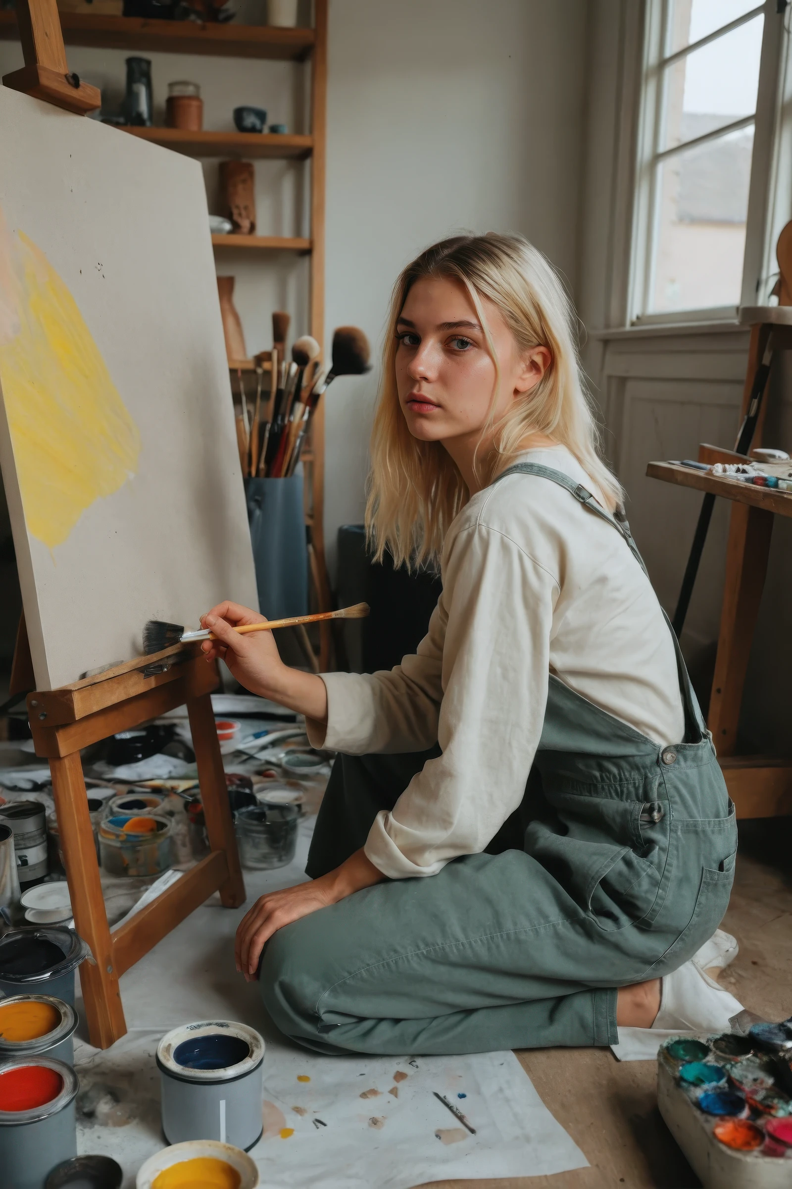 sdxl_ellasfre, kneeling in a community art studio while painting a large canvas on the floor, concentrated artistic expression, loose overalls with rolled-up sleeves, mid-shot angled diagonally across workspace, warm incandescent studio lighting mixed with daylight through skylight, cluttered creative background of brushes and paints, artistic lifestyle aesthetic with soft analog grain