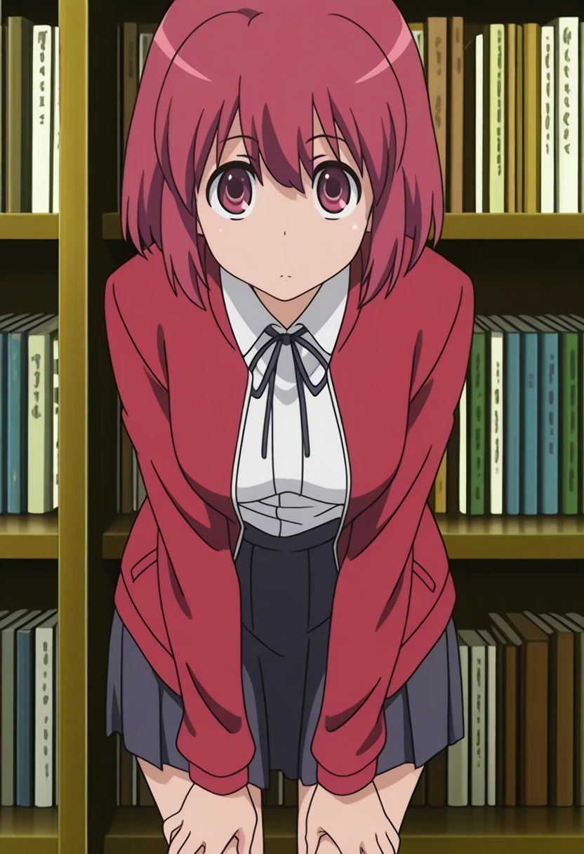 masterpiece, best quality, amazing quality,, <lora:minori-kushieda-s1-illustriousxl-lora-nochekaiser:1>, minori kushieda, short hair, red eyes, red hair, mature female, medium breasts, anime screencap, jacket, red jacket, long sleeves, shirt, white shirt, collared shirt, ribbon, skirt, pleated skirt,, hands on own knees, library, books, shelves, reading, quiet, cowboy shot, solo, looking at viewer,