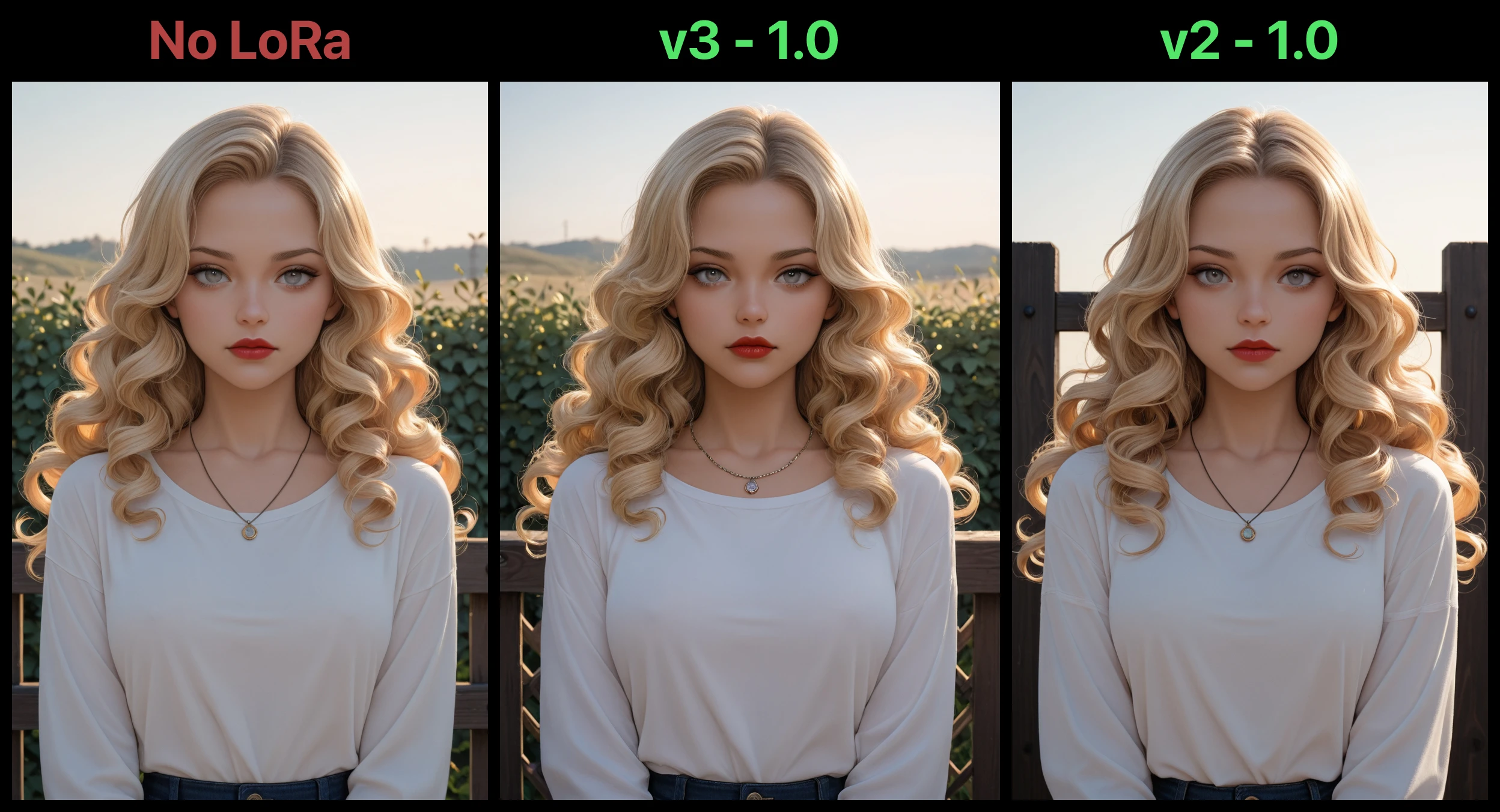 masterpiece, best quality, amazing quality, 1girl, solo, long hair, looking at viewer, blue eyes, shirt, blonde hair, closed mouth, jewelry, white shirt, upper body, necklace, grey eyes, lips, portrait, curly hair, fence, red lips