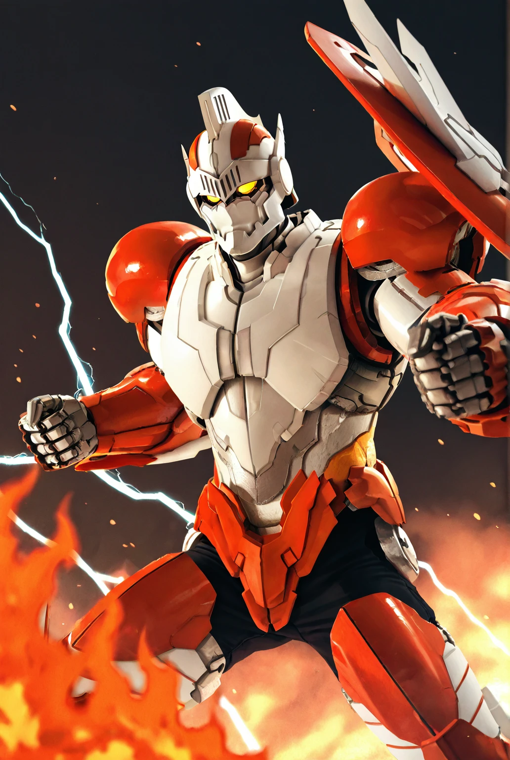 very awe,aesthetically pleasing,masterpiece,best quality,amazing quality,very aesthetic,ultra-detailed,high resolution,8k,1boy,solo,male focus,detailed face,mecha,robot,science fiction,yellow eyes,super robot, dynamic pose, perspective, steam, depth of field,fire,electricity,<lora:add-detail-xl:1>,<lora:Jean-Bot:0.7>,jeanb0t,<lora:jiaocha_illustriousXL:0.5>,