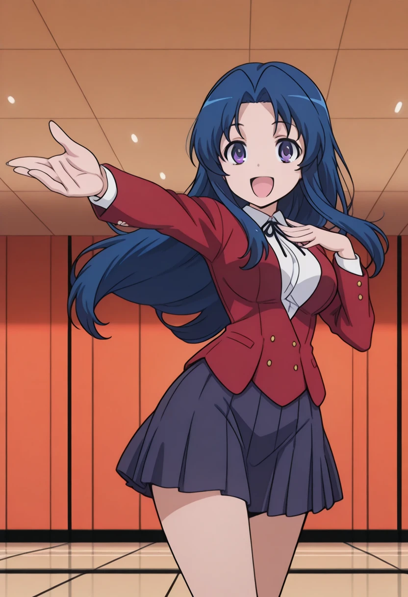 masterpiece, best quality, amazing quality,, <lora:ami-kawashima-s1-illustriousxl-lora-nochekaiser:1>, ami kawashima, long hair, blue hair, purple eyes, parted bangs, mature female, medium breasts, anime screencap, jacket, red jacket, long sleeves, shirt, white shirt, collared shirt, ribbon, skirt, pleated skirt,, <lora:curebeauty-pose-illustriousxl-lora-nochekaiser:1>, curebeauty pose, solo, smile, open mouth, standing, :d, outstretched arm, hands up,, bowling alley, lanes, pins, balls, fun, cowboy shot, solo, looking at viewer,