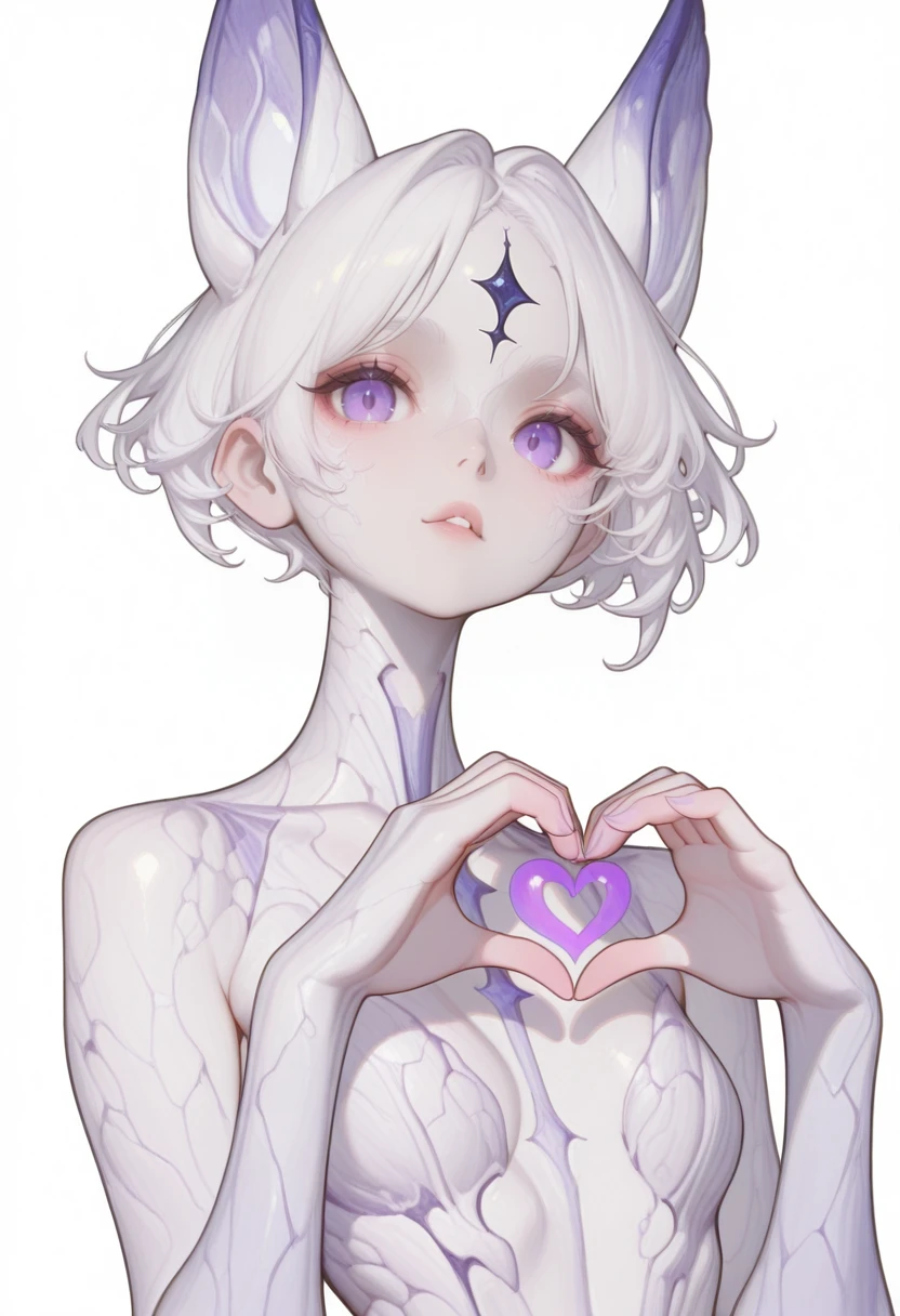 very awa, masterpiece, best quality, absurdres, newest, perfect quality, detailed background, intricate details
<lora:ILOCAlCt:1>
OCAlCt, 1girl, short hair, white hair, colored skin, animal ears, alien, purple eyes, facial mark, upper body, looking at viewer, heart hands