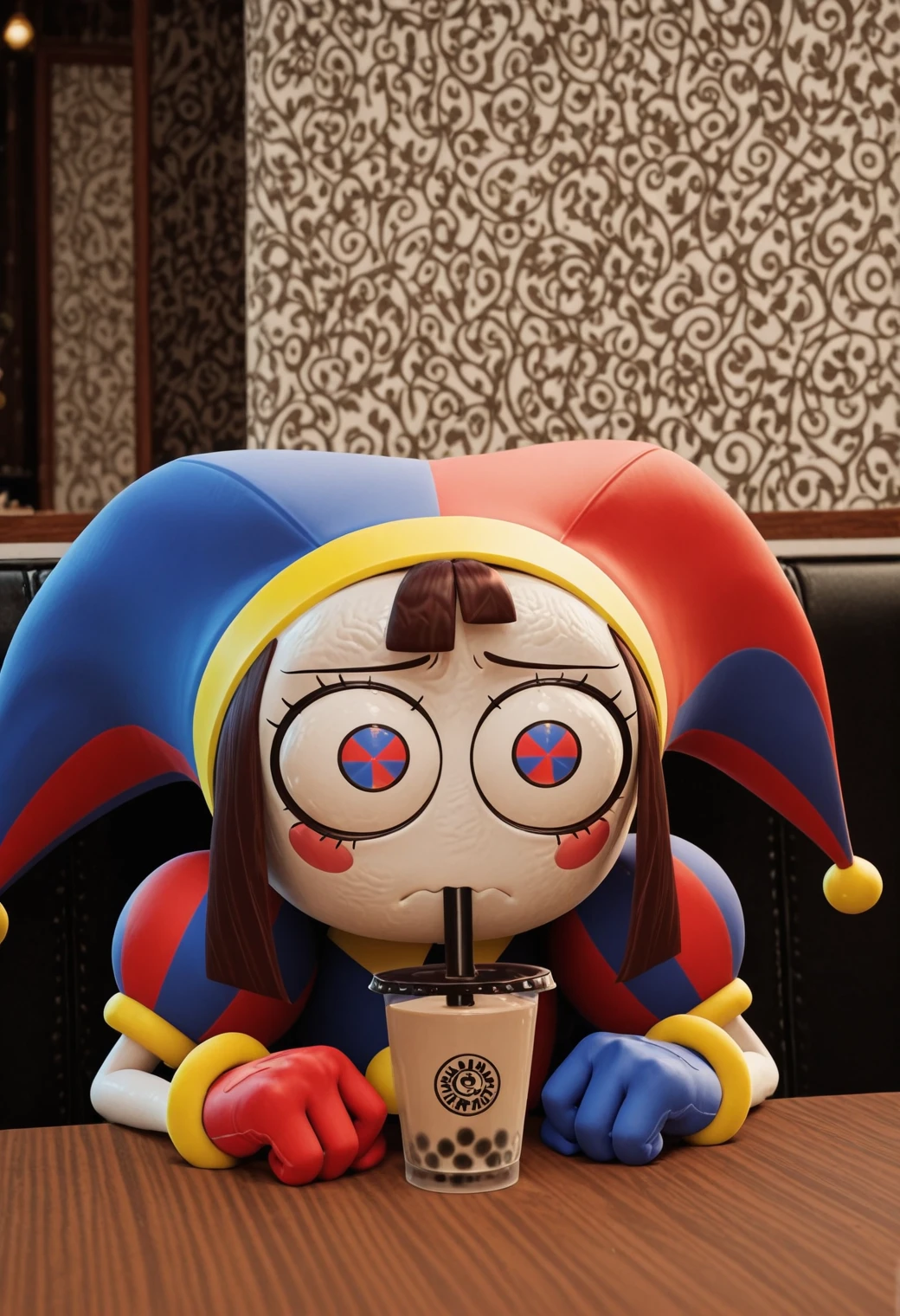 <lora:the_amazing_digital_circus-il> tadc_pomni pale white skin brown hair jester outfit jester cap red gloves blue gloves girl, BREAK solo 1girl, BREAK sitting head on table, sad, BREAK cafe table bubble tea cup on table interior background