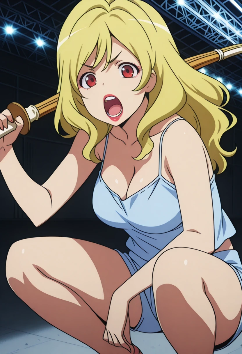 masterpiece, best quality, amazing quality,, <lora:yasuko-takasu-s1-illustriousxl-lora-nochekaiser:1>, yasuko takasu, long hair, blonde hair, red eyes, mature female, medium breasts, anime screencap, camisole, collarbone, bare shoulders, bare arms, shorts, cleavage, makeup, lipstick,, <lora:slav-squatting-illustriousxl-lora-nochekaiser:1>, slav squatting, solo, looking at viewer, open mouth, holding, weapon, teeth, sword, holding weapon, holding sword, squatting, over shoulder, weapon over shoulder, wooden sword, shinai, bokken,, runway, planes, lights, takeoff, landing, cowboy shot, solo, looking at viewer,