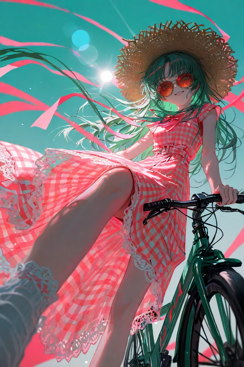 <lora:æå¾è¡¨ç°å¢å¼º_v1_purged:0.8>,<lora:ç»èä¼åv3_purged:0.6>,
depth of field,lens flare,(artist:quasarcake:0.8),extreme aesthetic,(wlop:0.6),wanke,newest,
dynamic pose,depth of field,muted color,masterpiece,best quality,amazing quality,very aesthetic,absurdres,newest,
looking_at_viewer,close-up,HDR,Shadow Play,ambient occlusion,ray_tracing,(perspective:1.3),dutch angle,exaggerated perspective,foreshortening,Visual impact,A shot with tension,
1 girl,solo,artistic style,(visual impact:1.2),petite frame,playful wink,character centered,1984 summer breeze,feathered bangs fluttering,pedaling bicycle,(pastel gingham dress:1.3),straw bohemian hat trailing silk ribbons. Oversized cat-eye sunglasses reflecting neon signs,ankle socks with lace trim kicking through sunbeams. Peach blossom pink and mint green harmony,nostalgic innocence,(cowboy_shot:1.3),