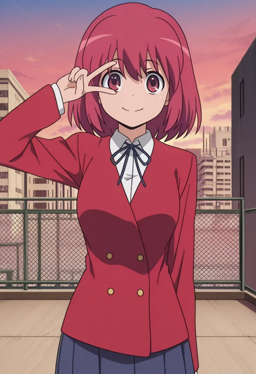 masterpiece, best quality, amazing quality,, <lora:minori-kushieda-s1-illustriousxl-lora-nochekaiser:1>, minori kushieda, short hair, red eyes, red hair, mature female, medium breasts, anime screencap, jacket, red jacket, long sleeves, shirt, white shirt, collared shirt, ribbon, skirt, pleated skirt,, v, v over eyes,, rooftop, view, height, buildings, sky, cowboy shot, solo, looking at viewer,