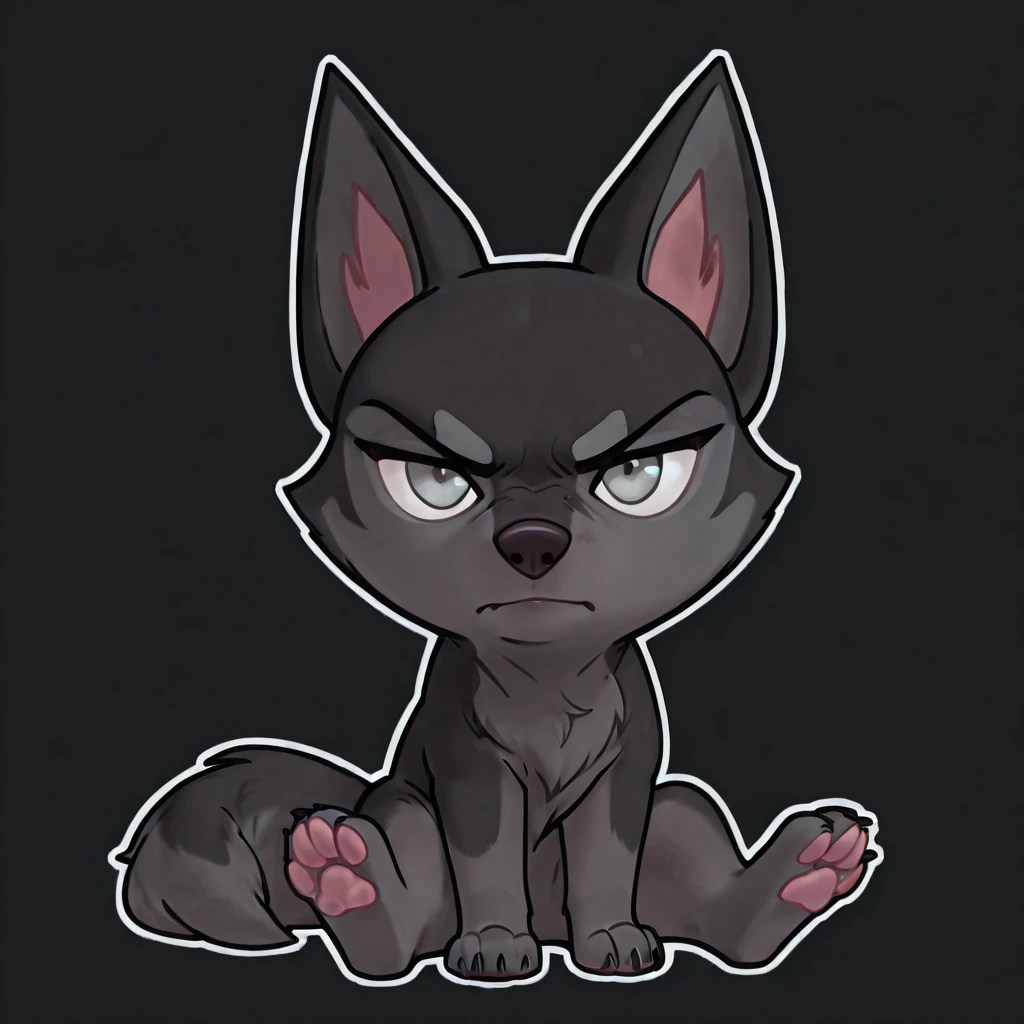 score_8_up, score_9_up, chibi style, simple dark background, white outline, (chibi), minimalistic, plain, 2d, anime, 1girl, solo, cute, small, wolfdog, canine, feral, (B4mi_Und3rdog), full body, sitting, angry, closed mouth, pink paw pads, silver eyes, claws, sideways