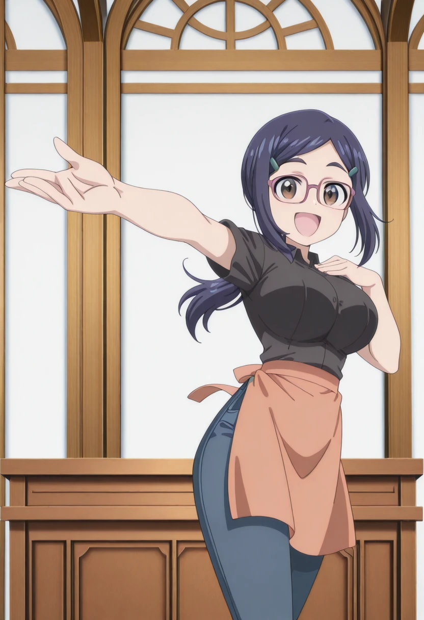 masterpiece, best quality, amazing quality,, <lora:ami-asai-s2-illustriousxl-lora-nochekaiser:1>, ami asai, long hair, hair ornament, brown eyes, blue hair, glasses, hairclip, ponytail, mature female, large breasts, anime screencap, shirt, black shirt, collared shirt, short sleeves, apron, pants, denim,, <lora:curebeauty-pose-illustriousxl-lora-nochekaiser:1>, curebeauty pose, solo, smile, open mouth, standing, :d, outstretched arm, hands up,, church, steeple, pews, altar, holy, cowboy shot, solo, looking at viewer, <lora:transparent-background-illustriousxl-lora-nochekaiser:1>, transparent background, simple background, white background