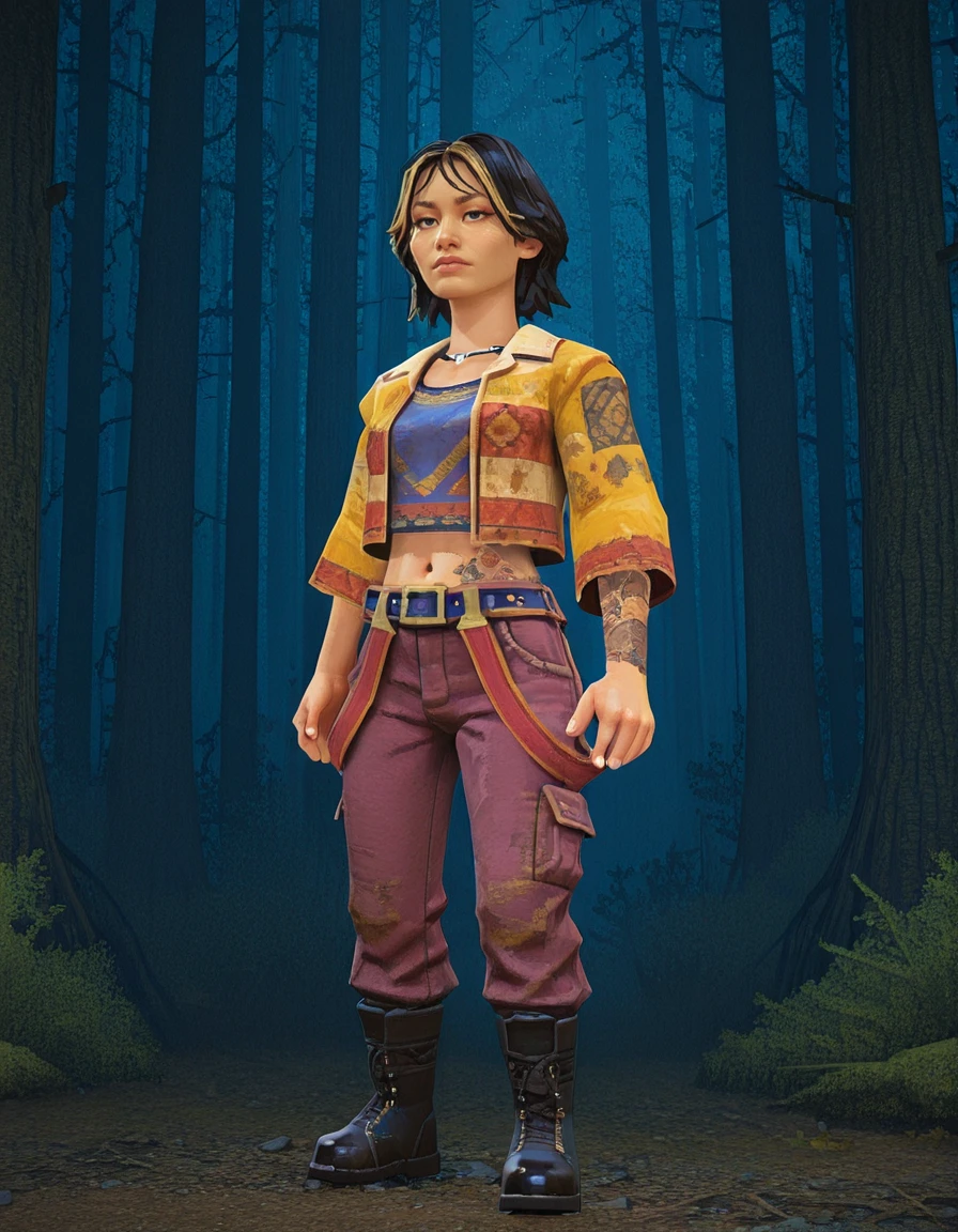 1girl, asian, solo, boots, pants, navel, belt, black hair, midriff, jacket, shirt, arm tattoo, stomach tattoo,  realistic, yellow jacket, short hair, multicolored hair, black footwear, vee boonyasak,  <lora:Vee_Boonyasak_Dead_by_DaylightIIIustrious:0.8>, realistic, forest upper body  <lora:LowPoly_3D_Style_IIIustrious:1> 3d lowpoly style