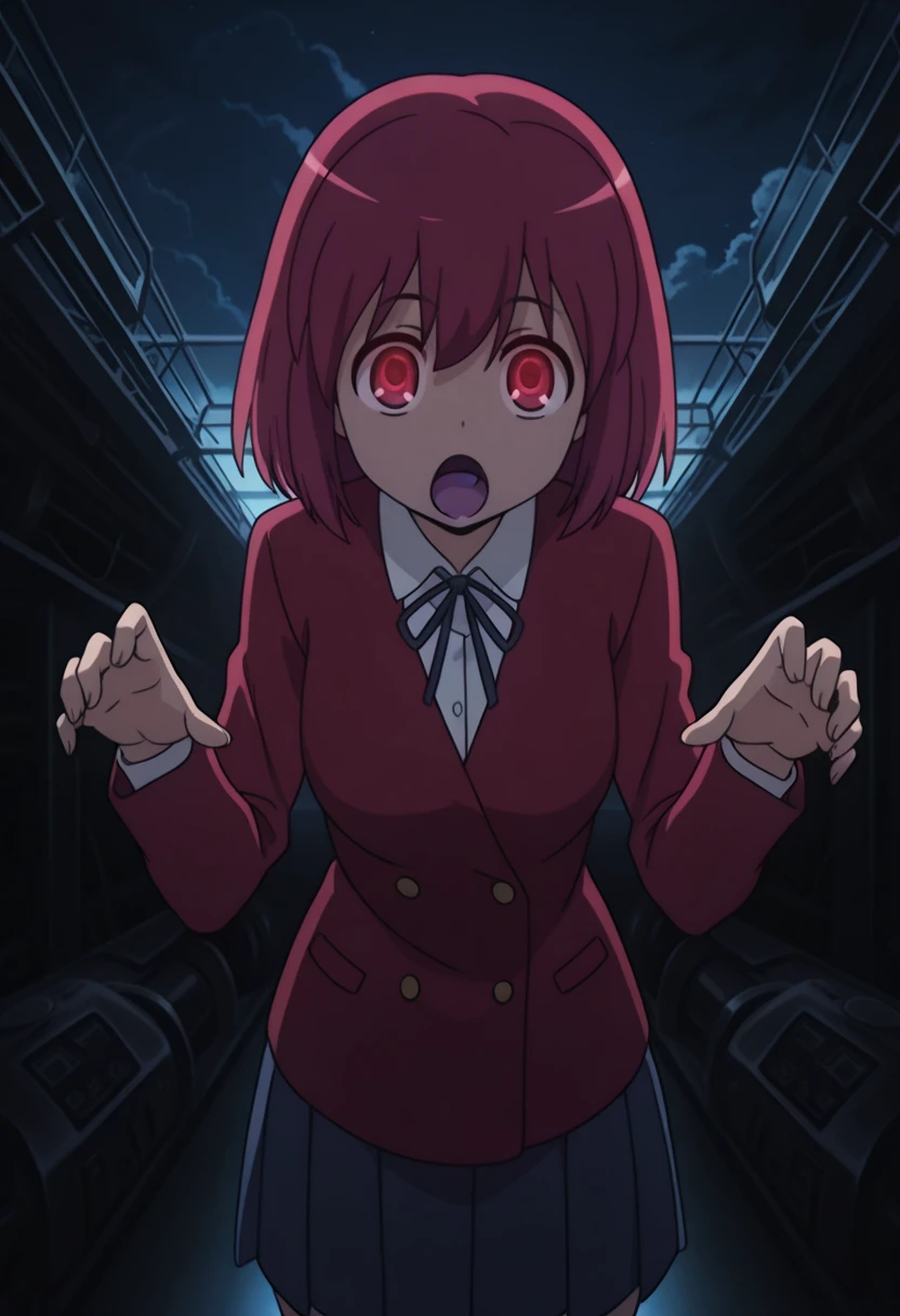 masterpiece, best quality, amazing quality,, <lora:minori-kushieda-s1-illustriousxl-lora-nochekaiser:1>, minori kushieda, short hair, red eyes, red hair, mature female, medium breasts, anime screencap, jacket, red jacket, long sleeves, shirt, white shirt, collared shirt, ribbon, skirt, pleated skirt,, <lora:ghost-pose-illustriousxl-lora-nochekaiser:1>, ghost pose, ghost, purple tongue, open mouth, tongue, hands up, indoors, night, night sky, dark, horror (theme), cloud, dark cloud, dim lighting, dark room, backlighting, cowboy shot, factory, machines, workers, assembly, production, cowboy shot, solo, looking at viewer,