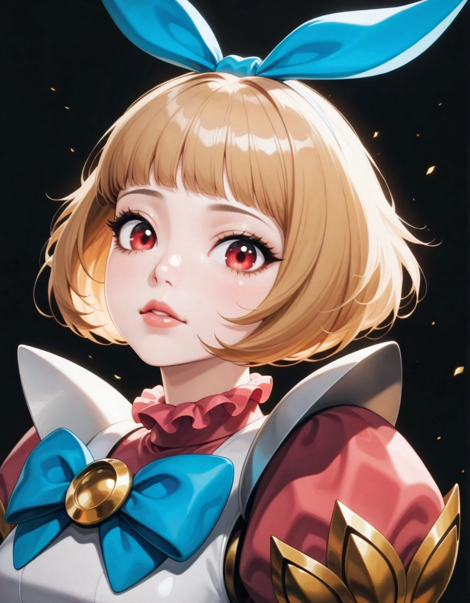 <lora:ANGELA:1>,masterpiece,best quality,ultra-detailed,absurdres,very aesthetic,fantasy illustration,angela,short hair,solo,bow,bangs,blue bow,red eyes,lips,looking at viewer,black background,