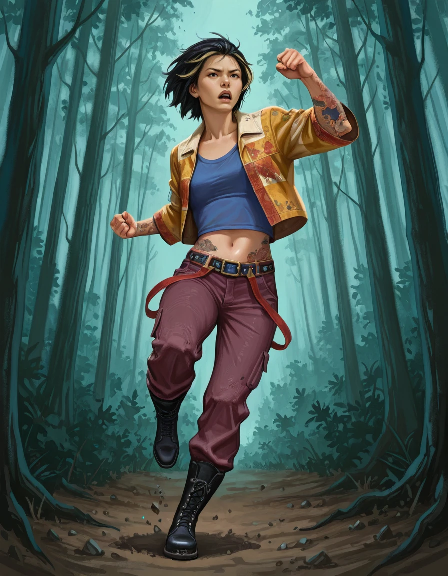 1girl, asian, solo, boots, pants, navel, belt, black hair, midriff, jacket, shirt, arm tattoo, stomach tattoo,  realistic, yellow jacket, short hair, multicolored hair, black footwear, vee boonyasak, dynamic pose <lora:Vee_Boonyasak_Dead_by_DaylightIIIustrious:0.8>, realistic, forest <lora:Cyberboi_Style:0.8> cyberboixd