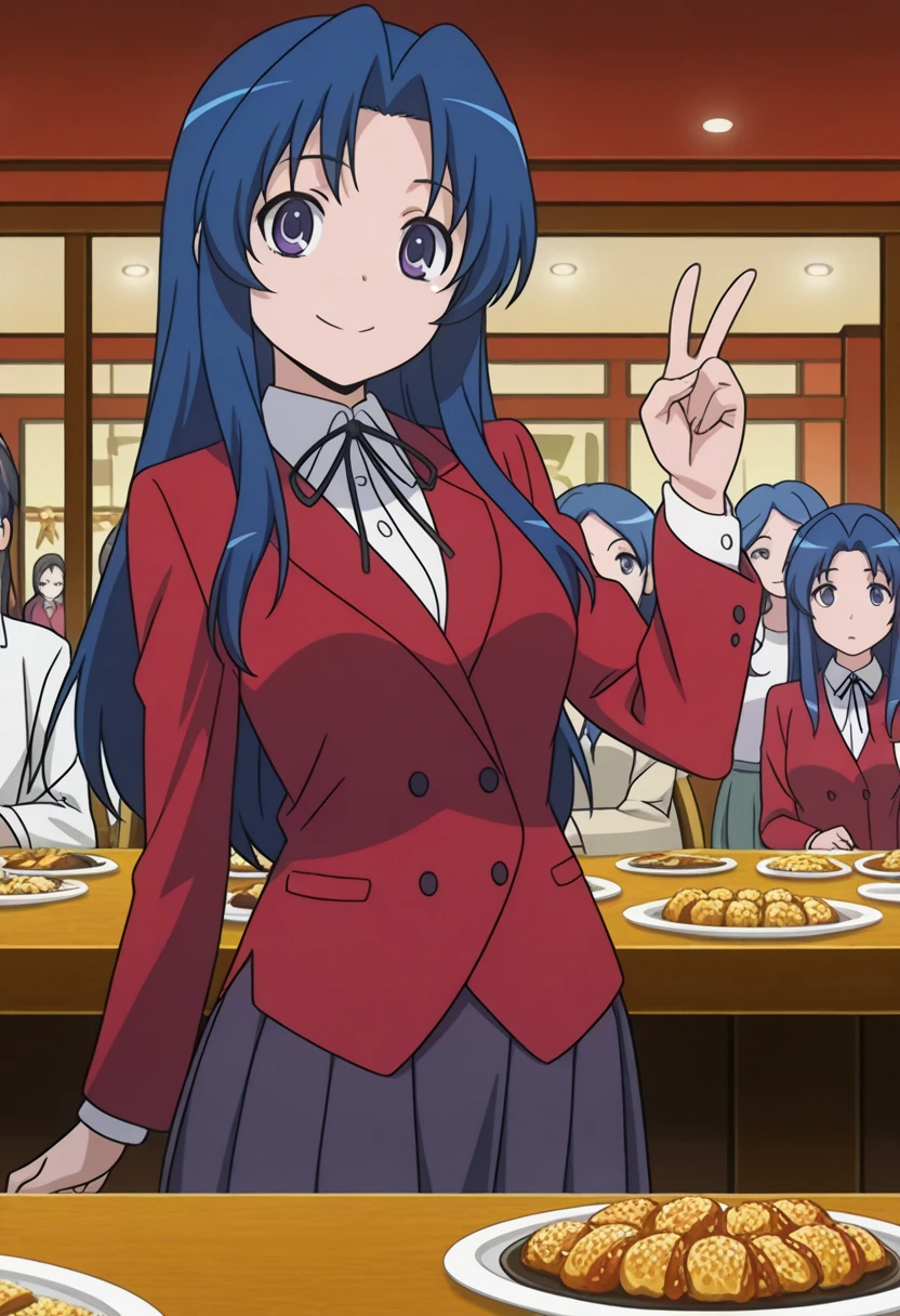 masterpiece, best quality, amazing quality,, <lora:ami-kawashima-s1-illustriousxl-lora-nochekaiser:1>, ami kawashima, long hair, blue hair, purple eyes, parted bangs, mature female, , anime screencap,  jacket, red jacket, long sleeves, shirt, white shirt, collared shirt, ribbon, skirt, pleated skirt,, v,, restaurant, tables, food, waiters, guests, cowboy shot, solo, looking at viewer,